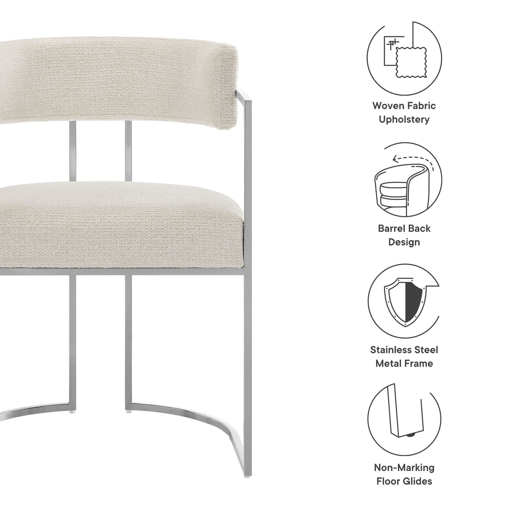 Huron Curved Back Fabric and Metal Dining Accent Chair, Silver Cream