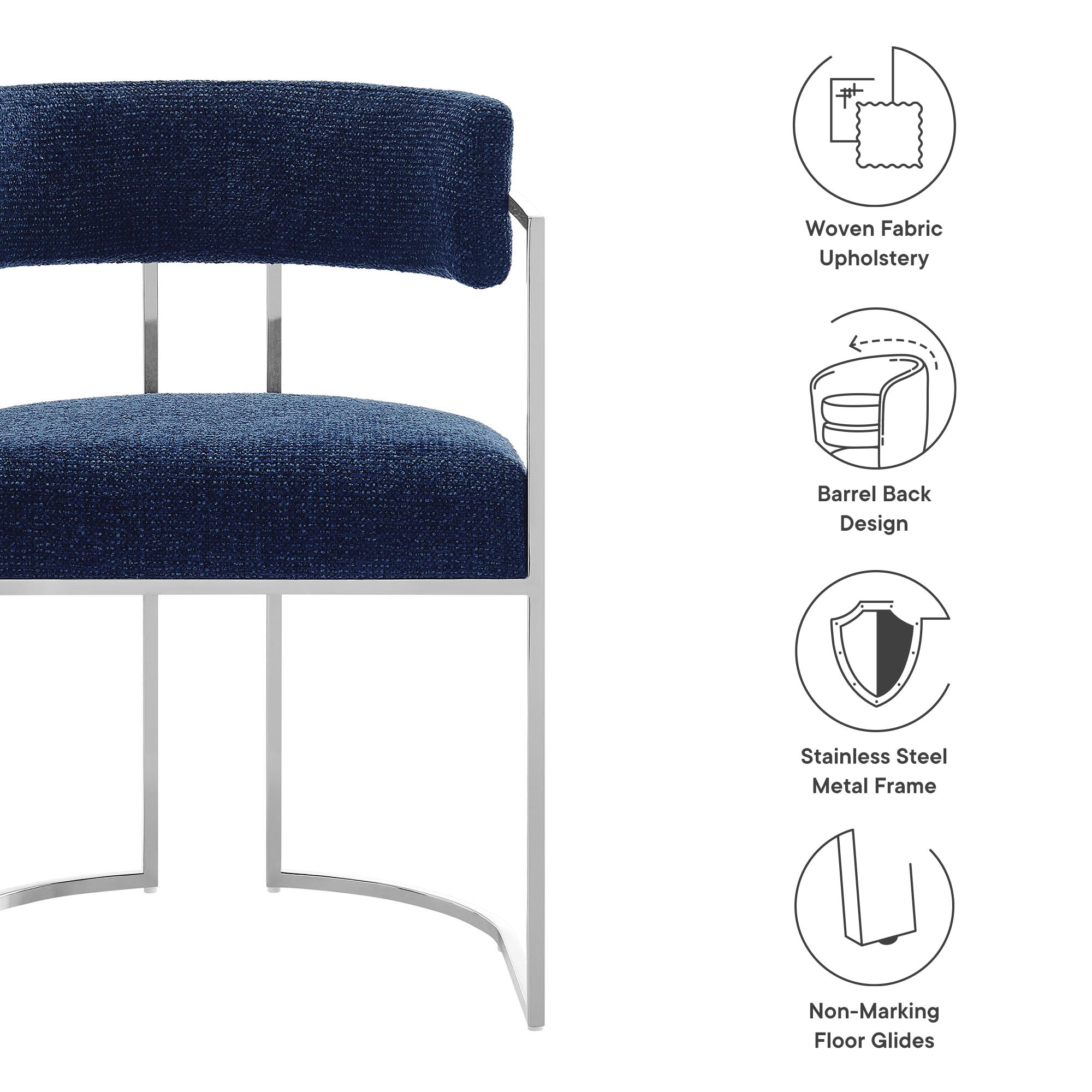 Huron Curved Back Fabric and Metal Dining Accent Chair, Silver Navy