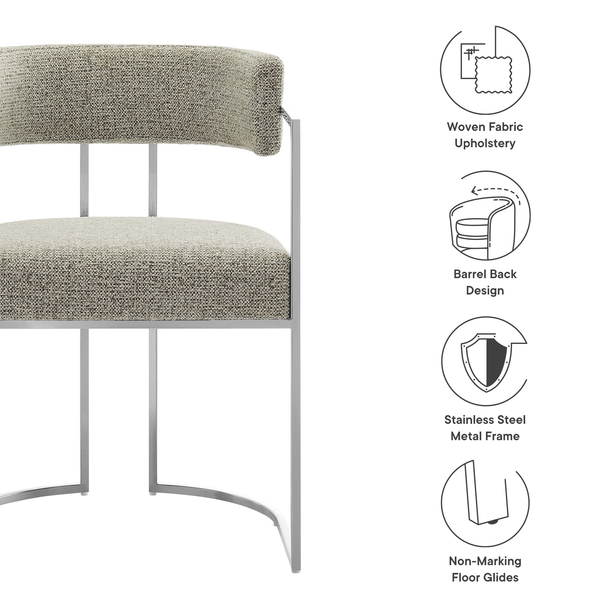 Huron Curved Back Fabric and Metal Dining Accent Chair, Silver Wheat