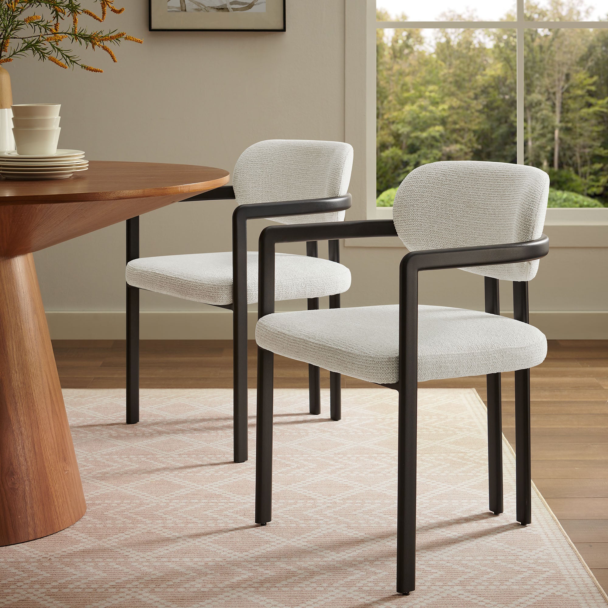 Elio Barrel Fabric and Metal Dining Chair, Black Cream