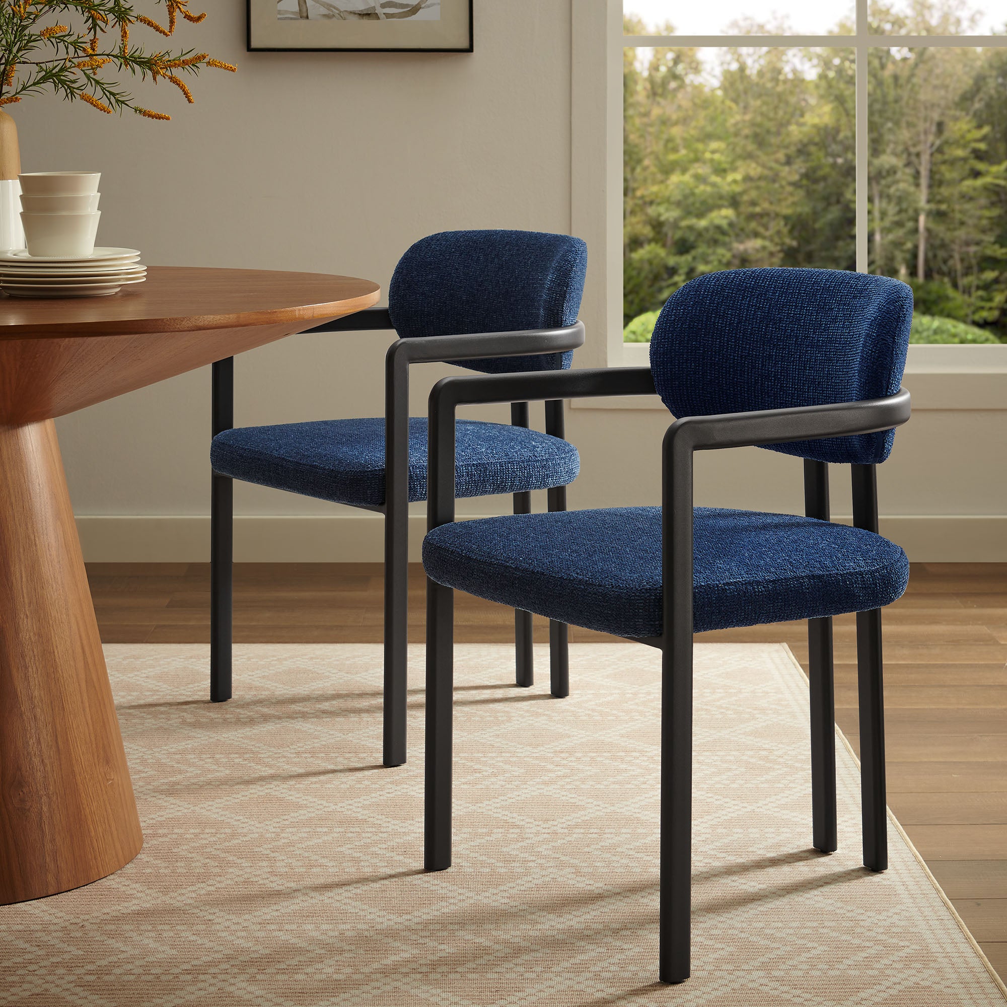 Elio Barrel Fabric and Metal Dining Chair, Black Navy