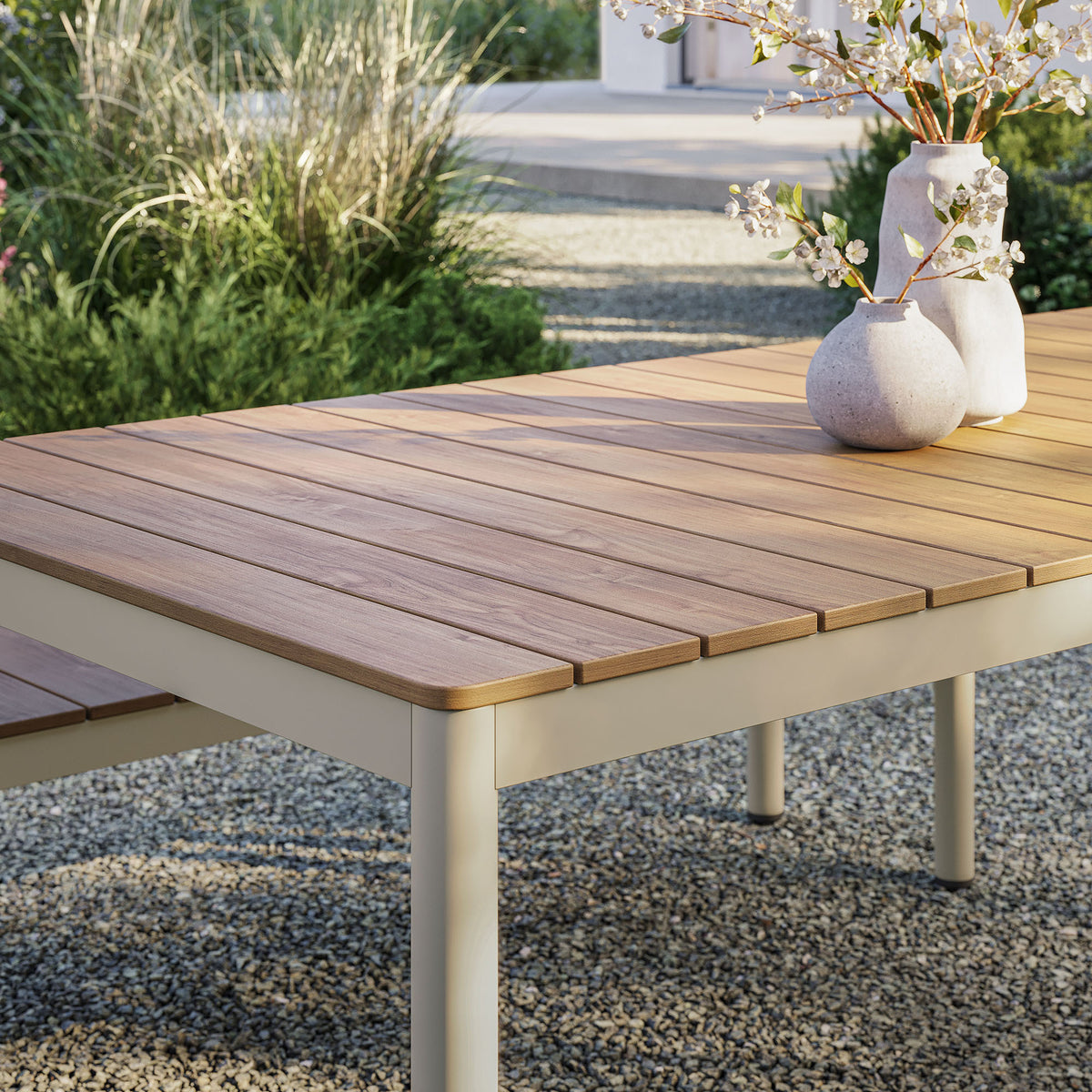 Finn 71" Outdoor Patio Aluminum Dining Table with Faux Wood Top, Natural