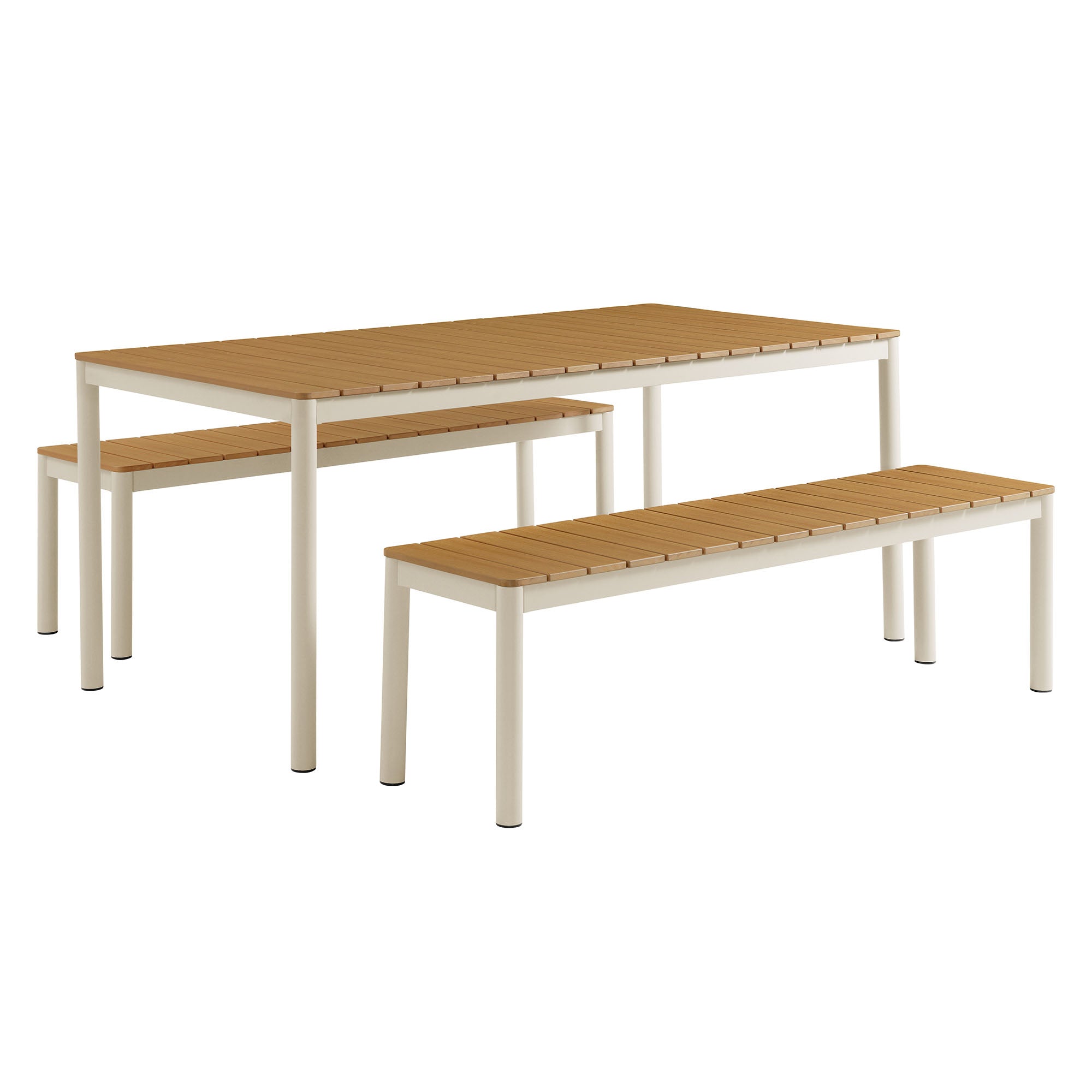 Finn Outdoor Patio Aluminum Faux Wood Dining Set with Benches, Natural