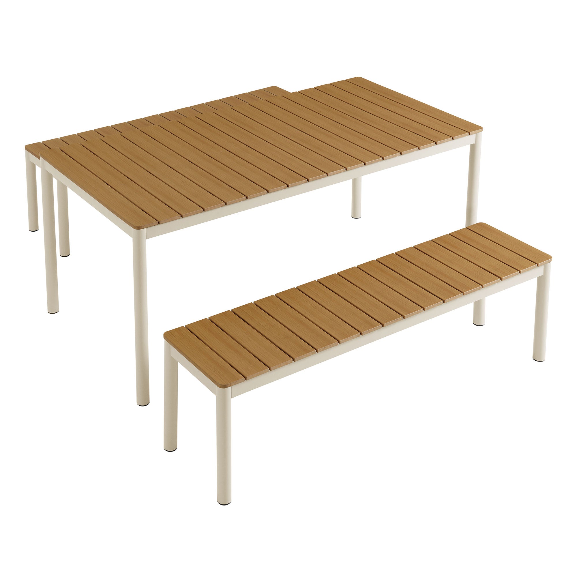 Finn Outdoor Patio Aluminum Faux Wood Dining Set with Benches, Natural