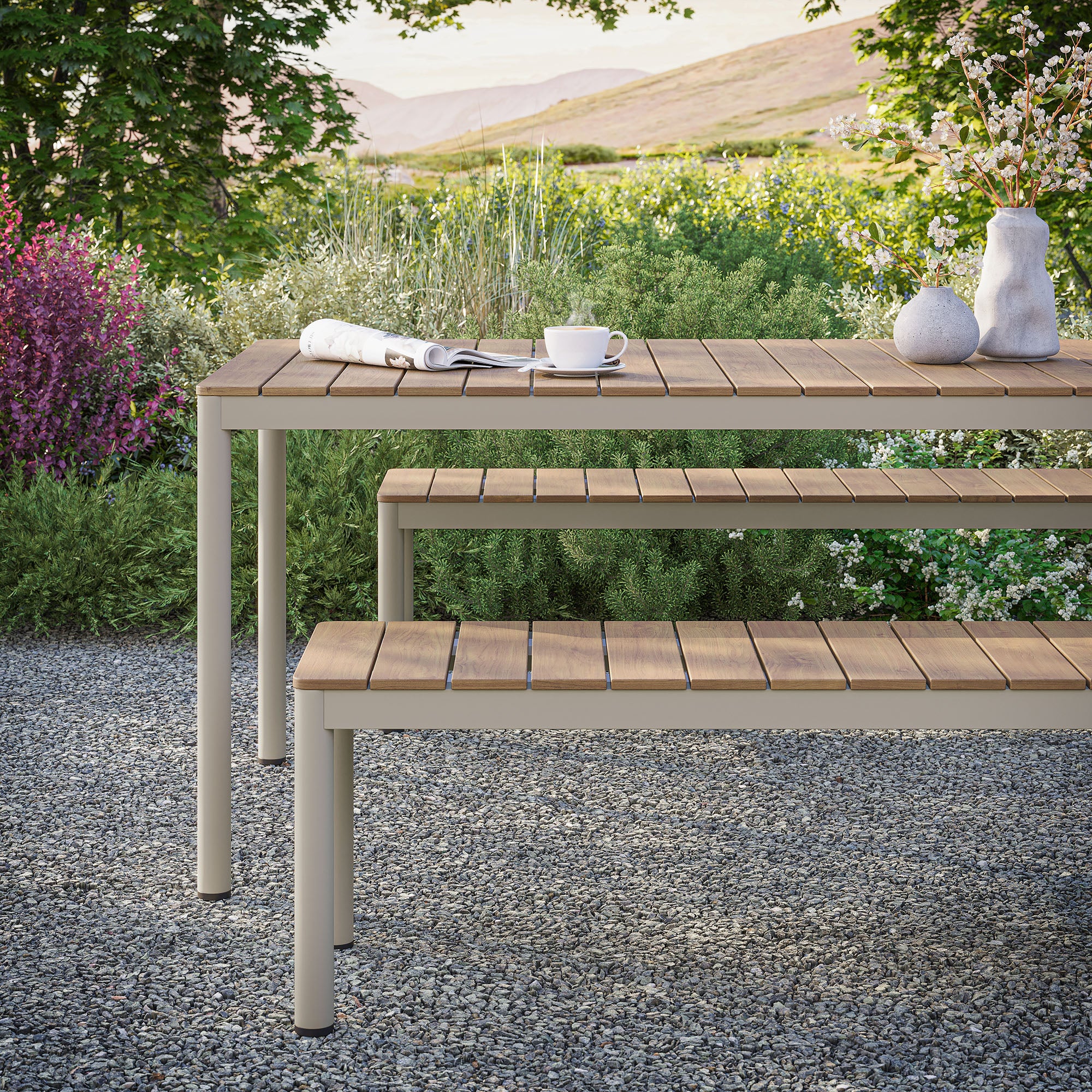 Finn Outdoor Patio Aluminum Faux Wood Dining Set with Benches, Natural