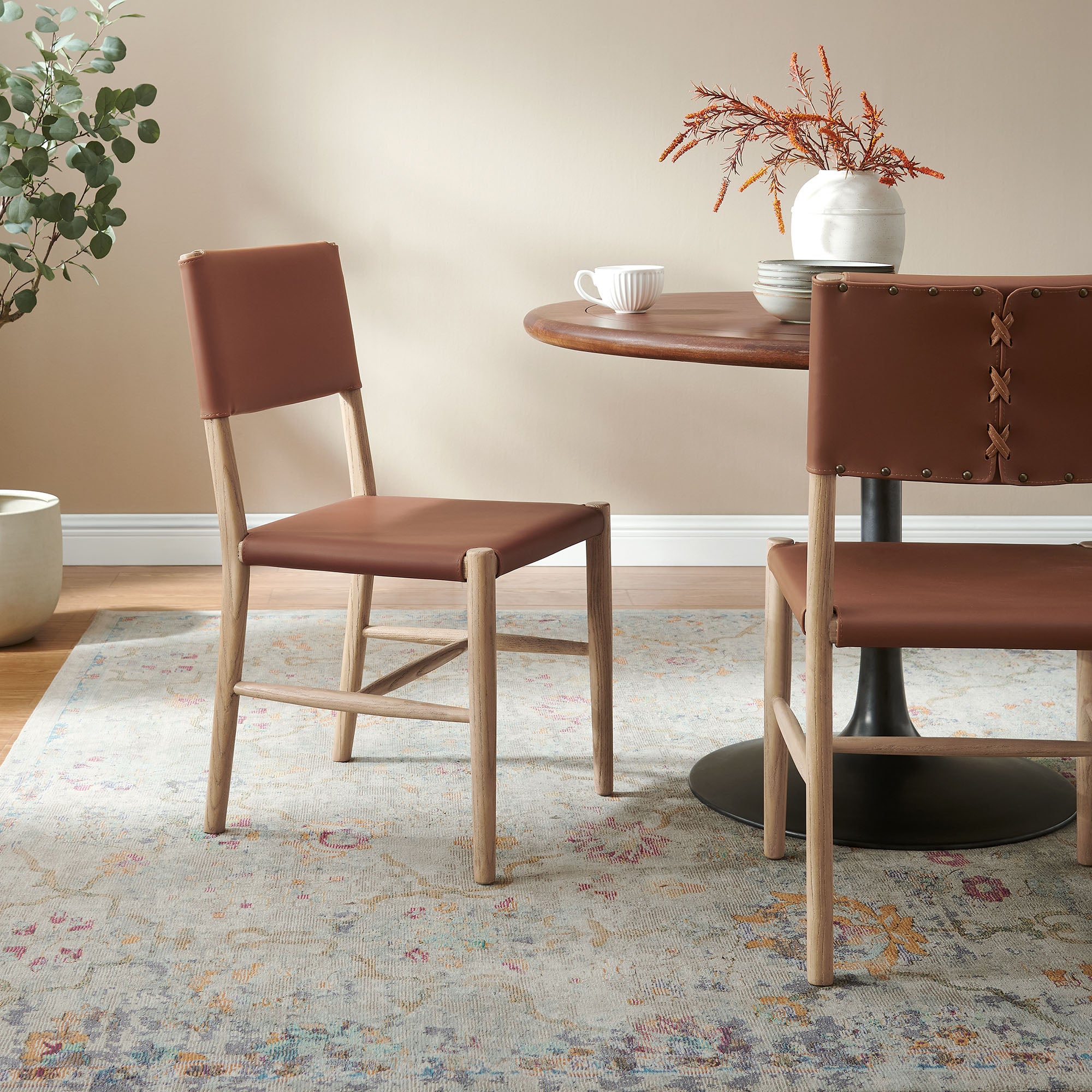 Dover Wood Vegan Leather Dining Side Chairs Set of 2, Natural