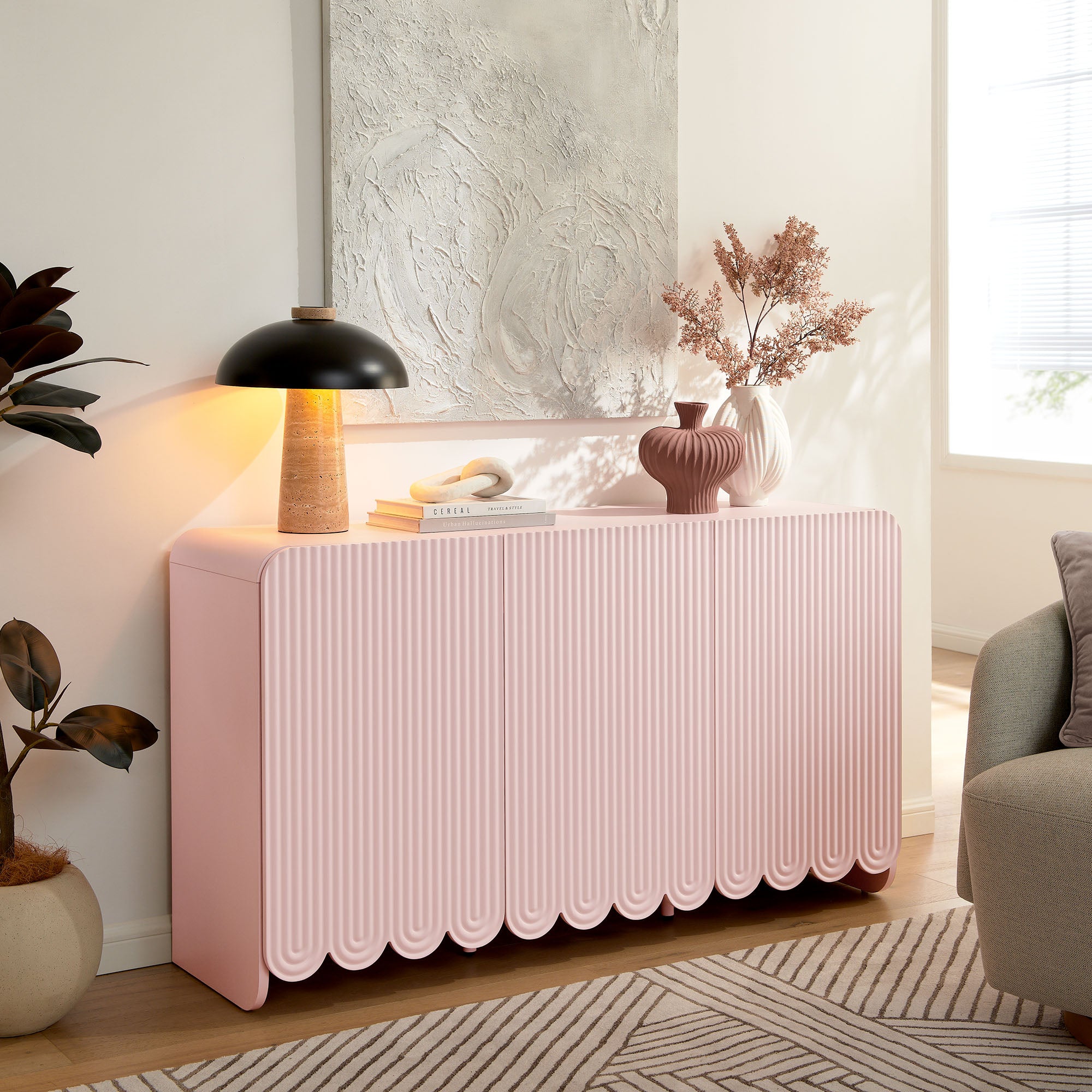 Dahlia Fluted and Scalloped Sideboard Storage Cabinet, Soft Pink