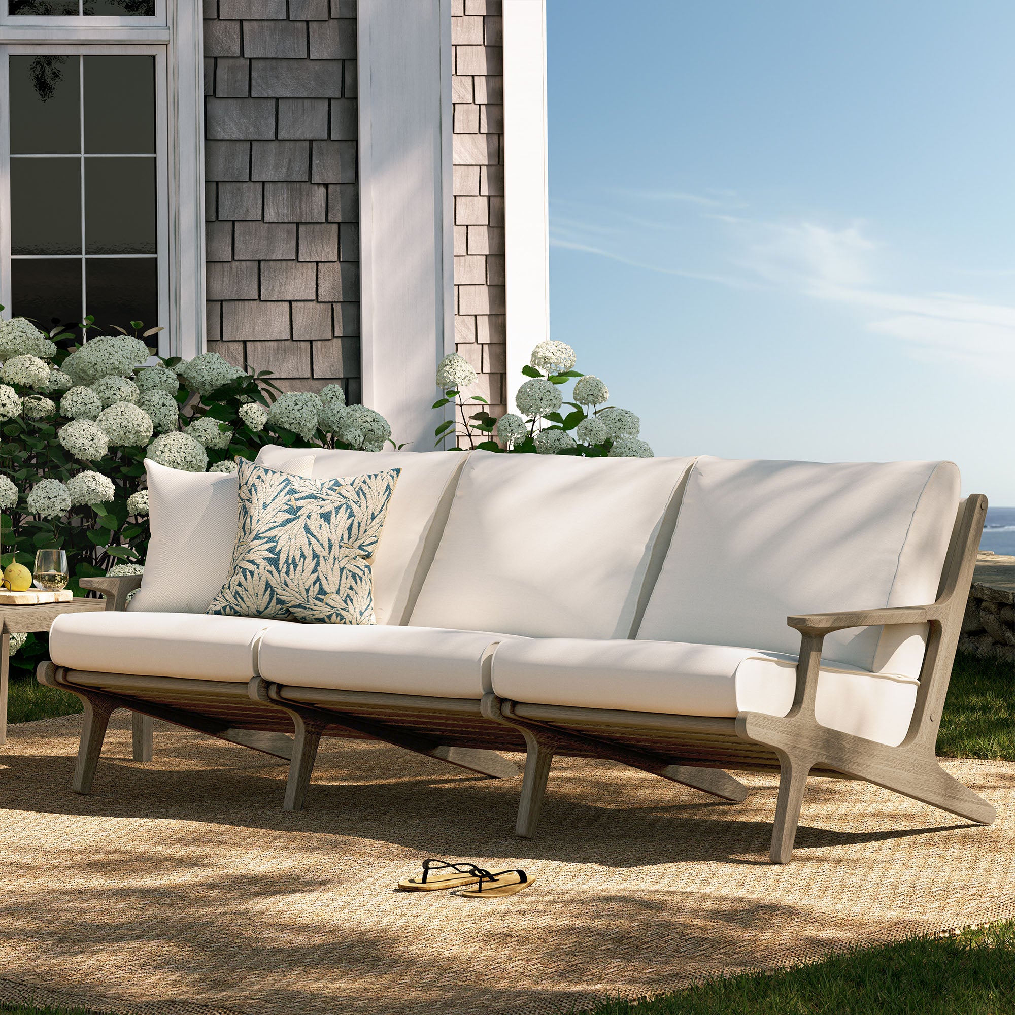 Saratoga Outdoor Patio Teak Sofa, Weathered Gray