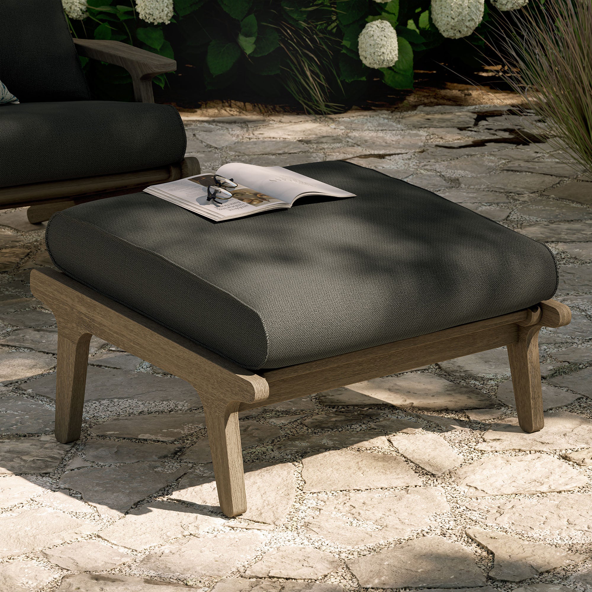 Saratoga Outdoor Patio Teak Ottoman, Flint Gray