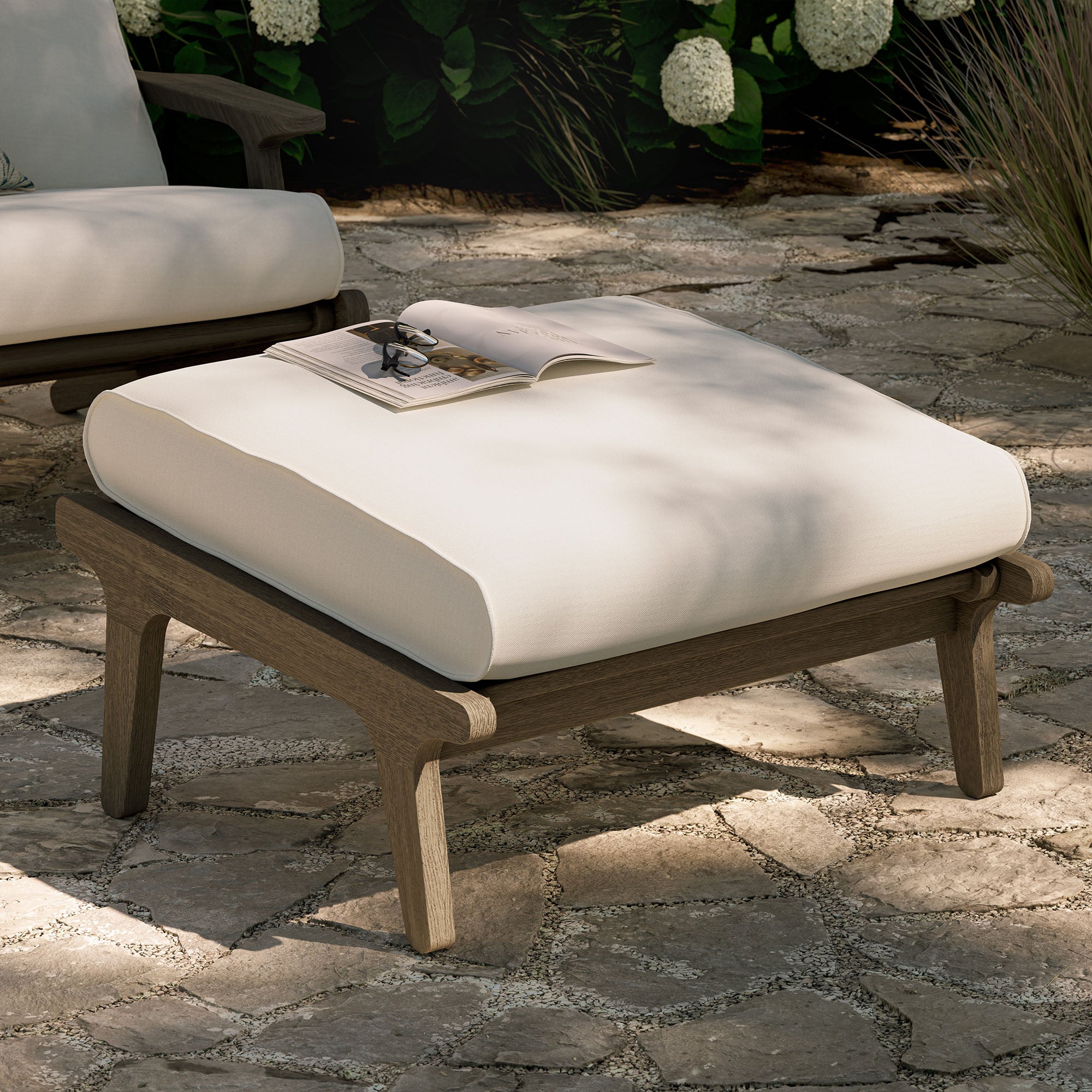 Saratoga Outdoor Patio Teak Ottoman, Weathered Gray