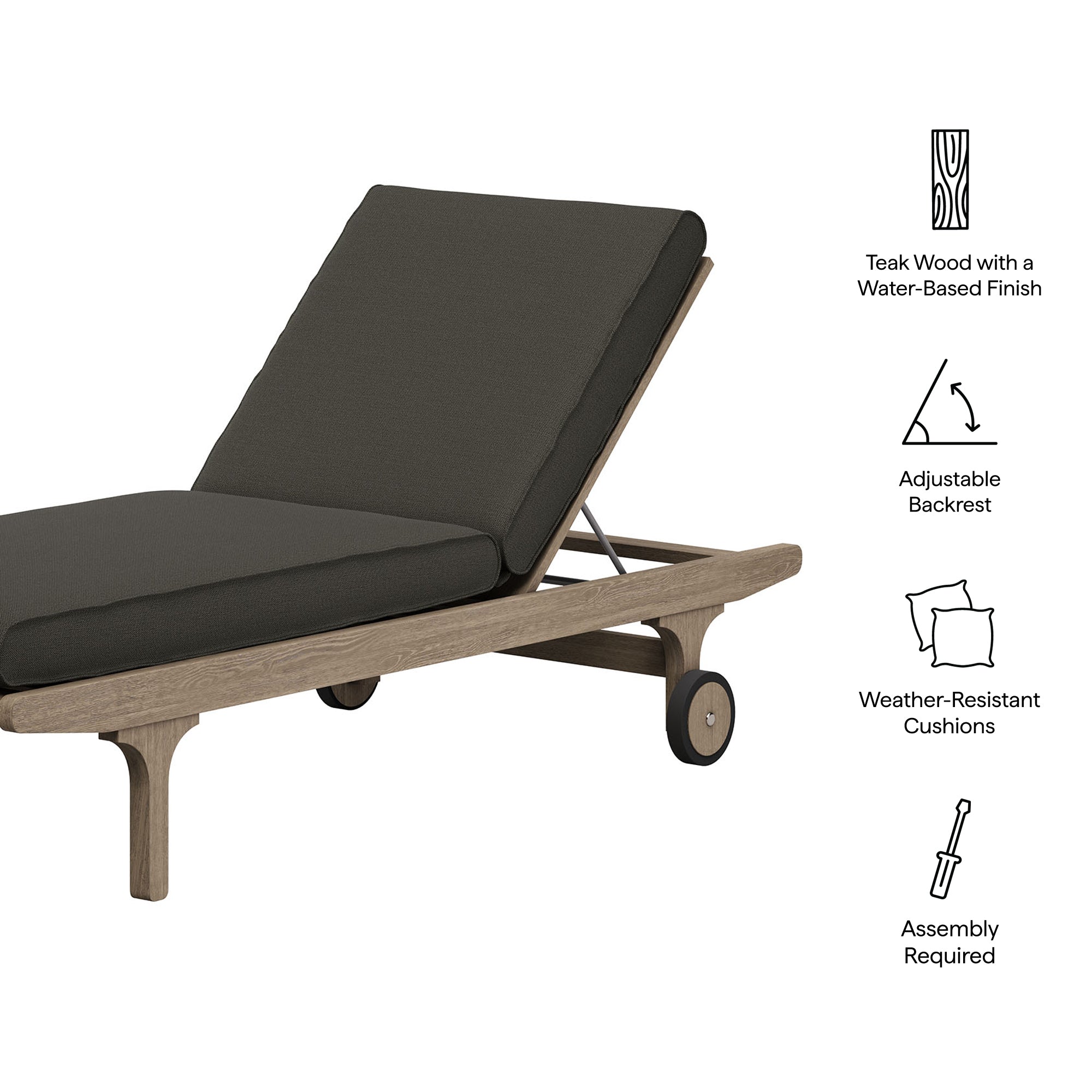 Saratoga Outdoor Patio Teak Chaise Lounge Chair, Flint Gray