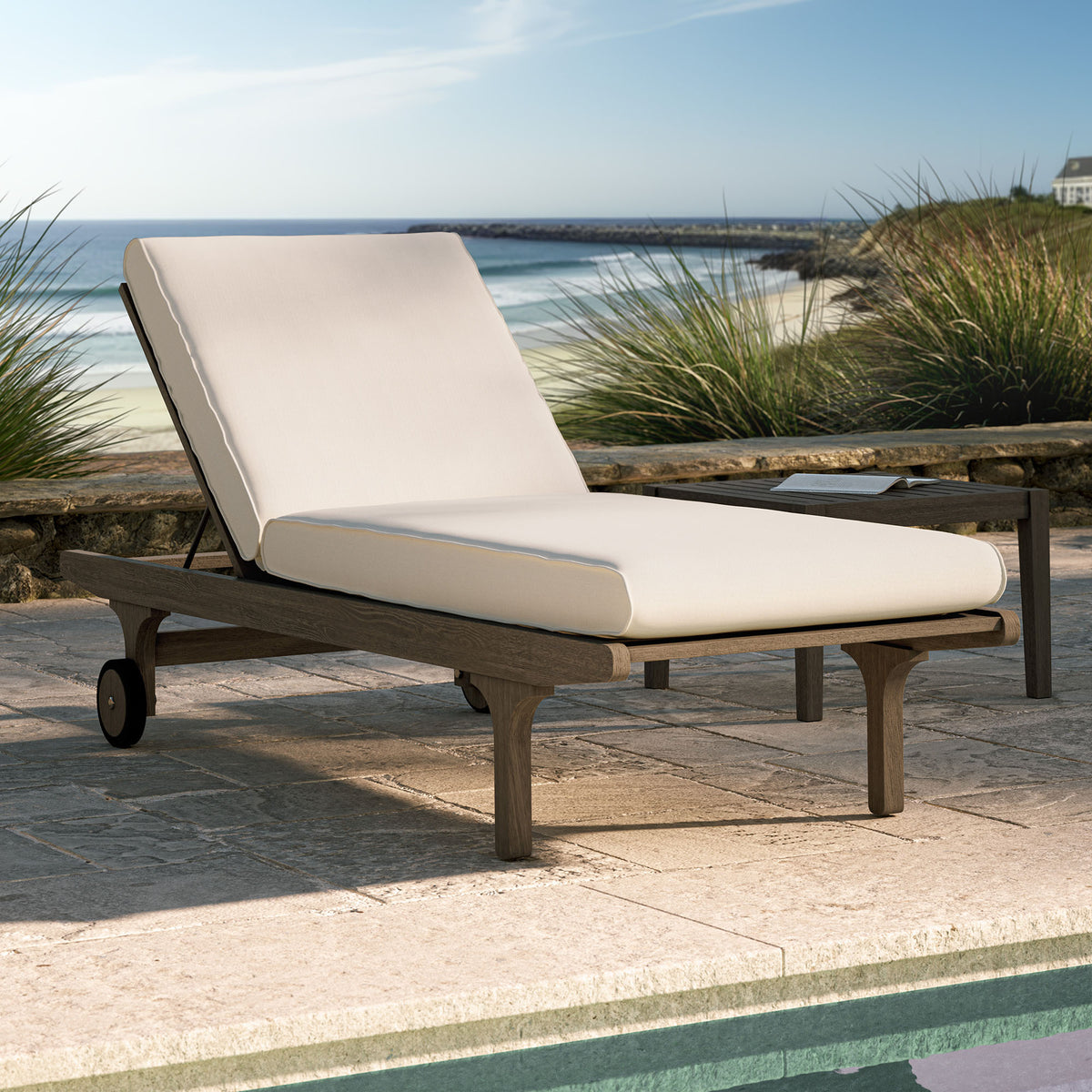 Saratoga Outdoor Patio Teak Chaise Lounge Chair, Weathered Gray