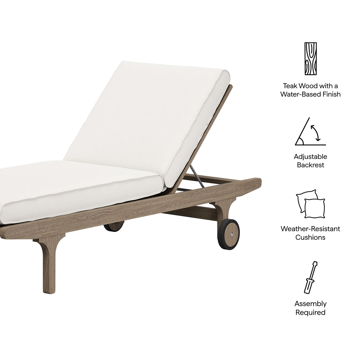 Saratoga Outdoor Patio Teak Chaise Lounge Chair, Weathered Gray