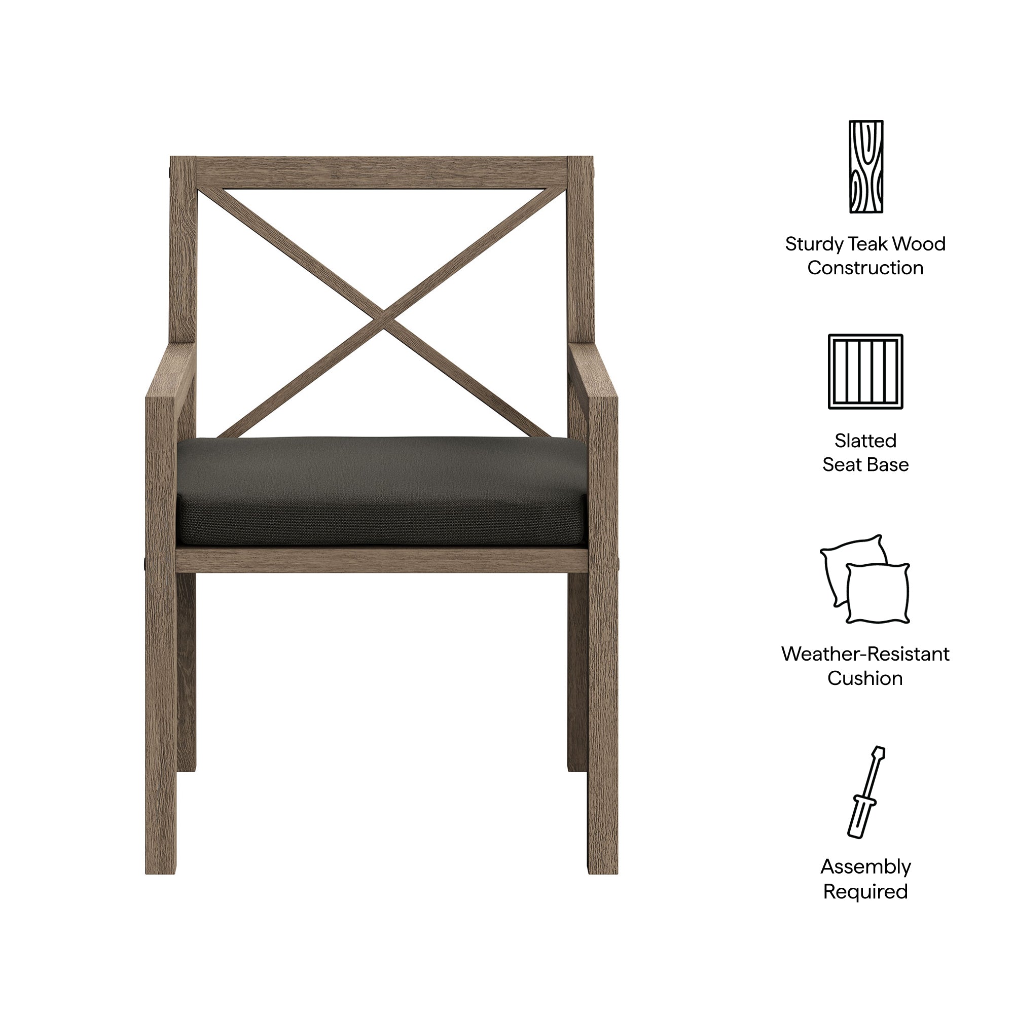 Northlake Outdoor Patio Teak Dining Armchair, Flint Gray