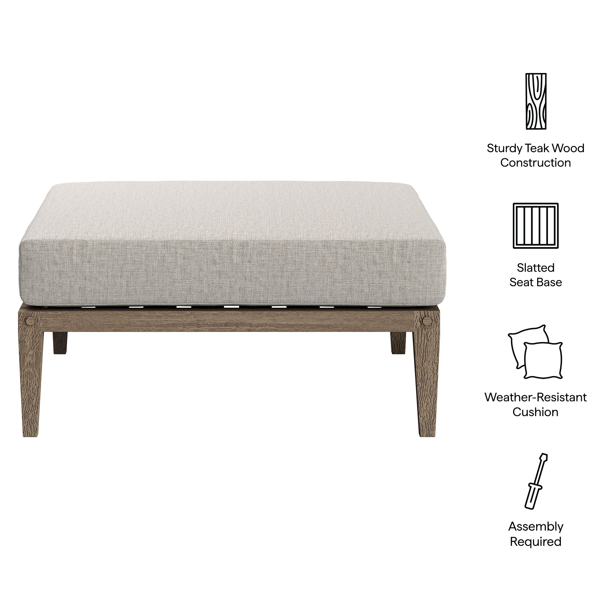 Northlake Outdoor Patio Teak Ottoman, Pebble