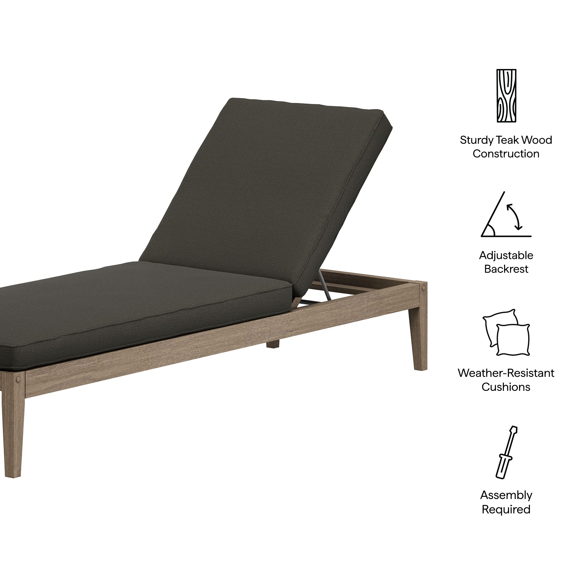 Northlake Outdoor Patio Teak Chaise Lounge, Flint Gray