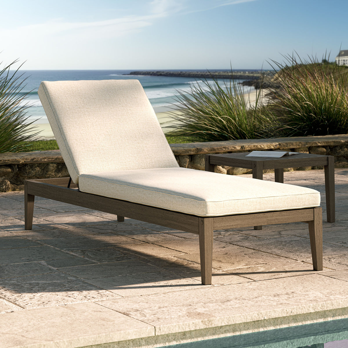 Northlake Outdoor Patio Teak Chaise Lounge, Pebble