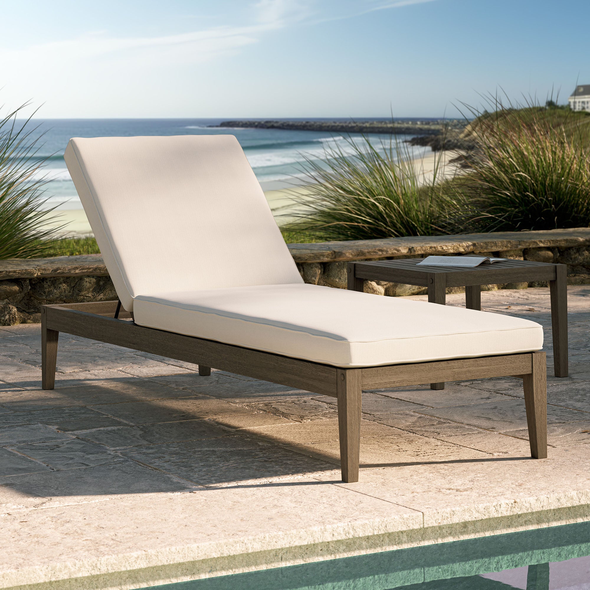 Northlake Outdoor Patio Teak Chaise Lounge, Weathered Gray White