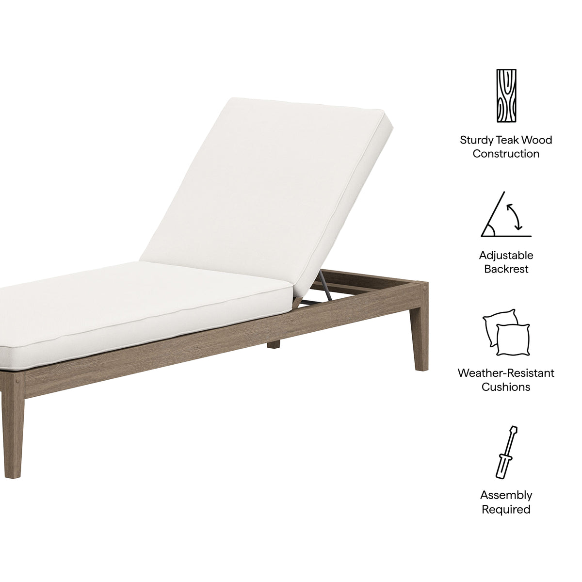 Northlake Outdoor Patio Teak Chaise Lounge, Weathered Gray White