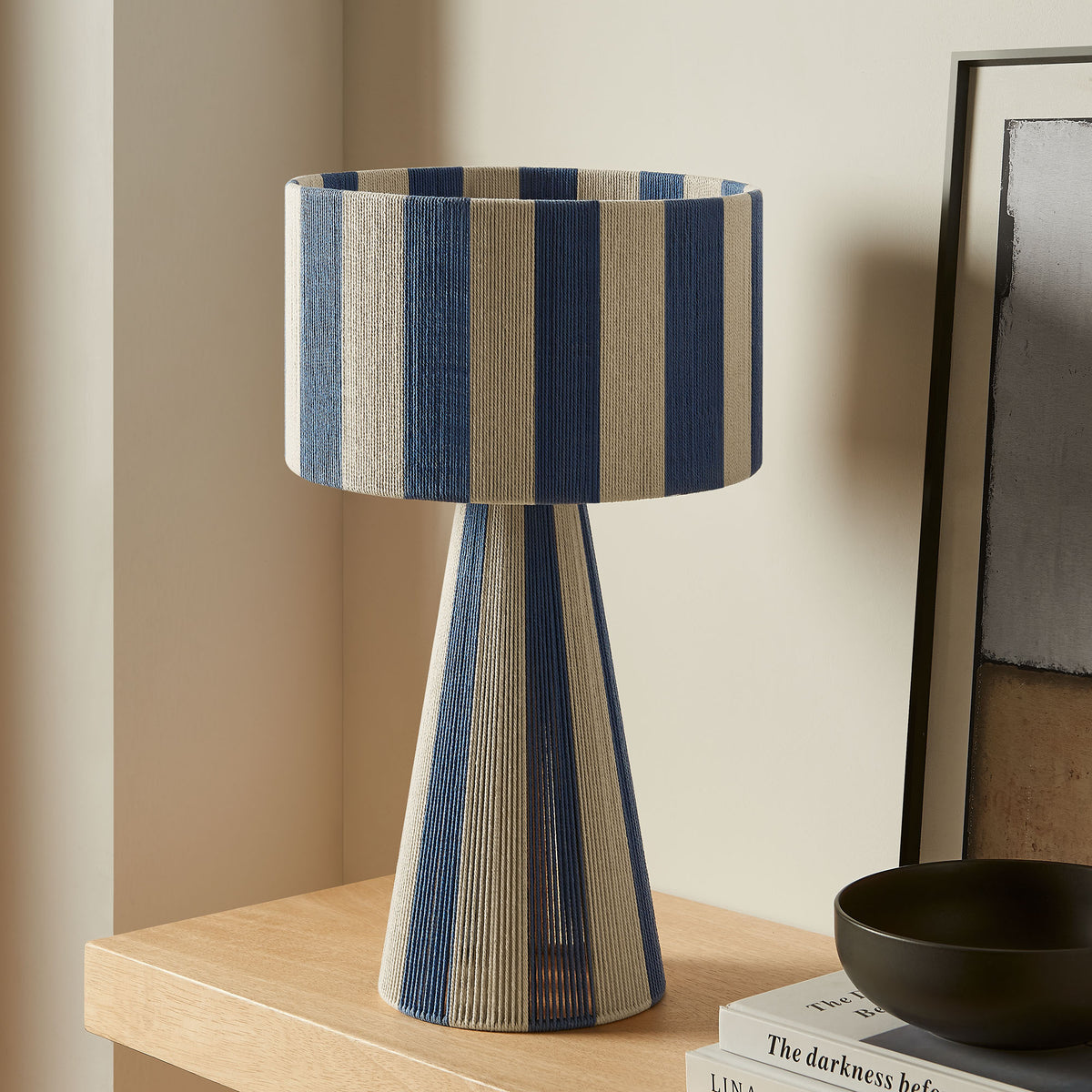 Renae Handwoven Cotton Thread Striped Table Lamp, Capri Blue