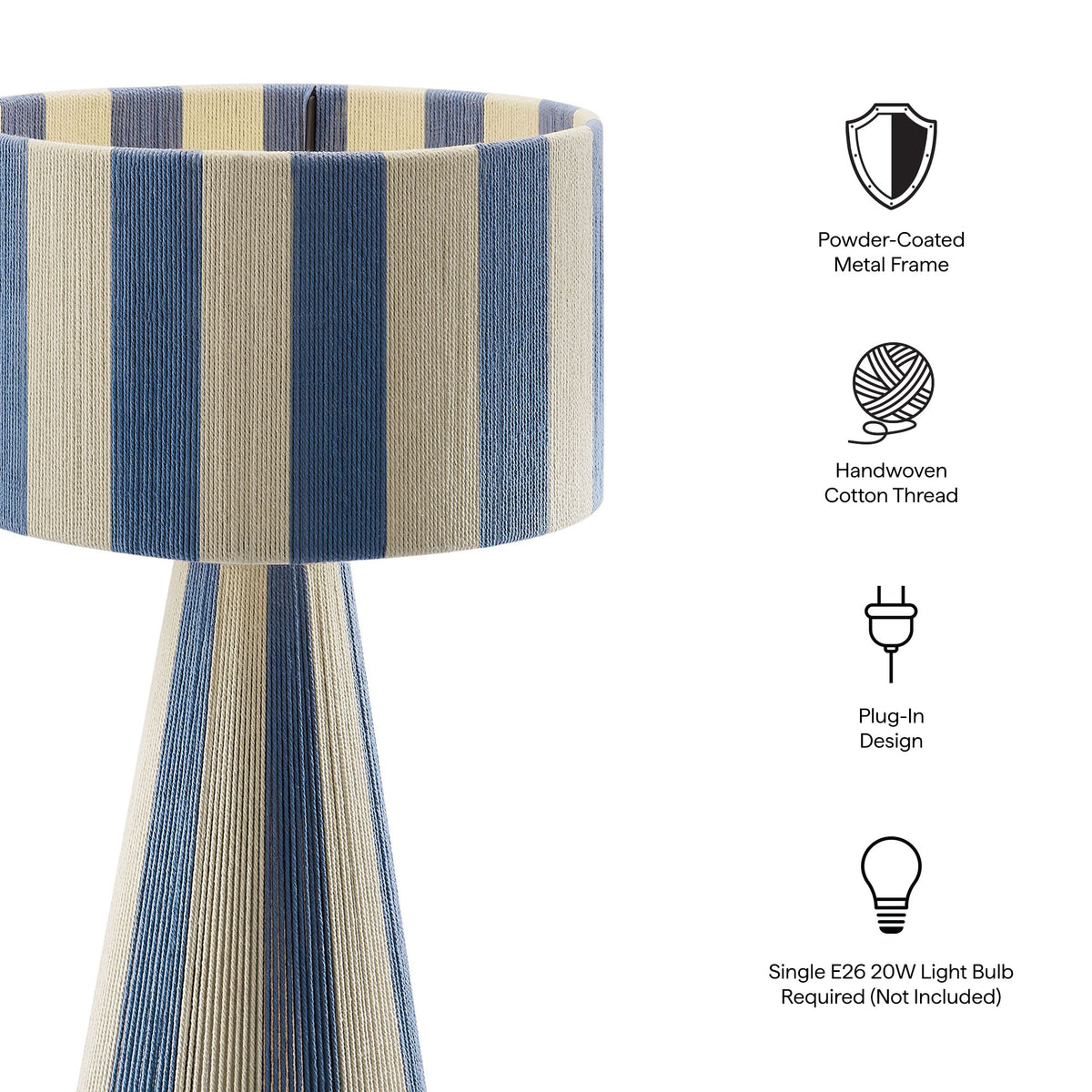 Renae Handwoven Cotton Thread Striped Table Lamp, Capri Blue