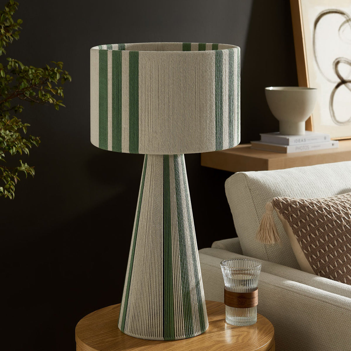 Gia Handwoven Cotton Thread Striped or Plain Table Lamp, Basil Green