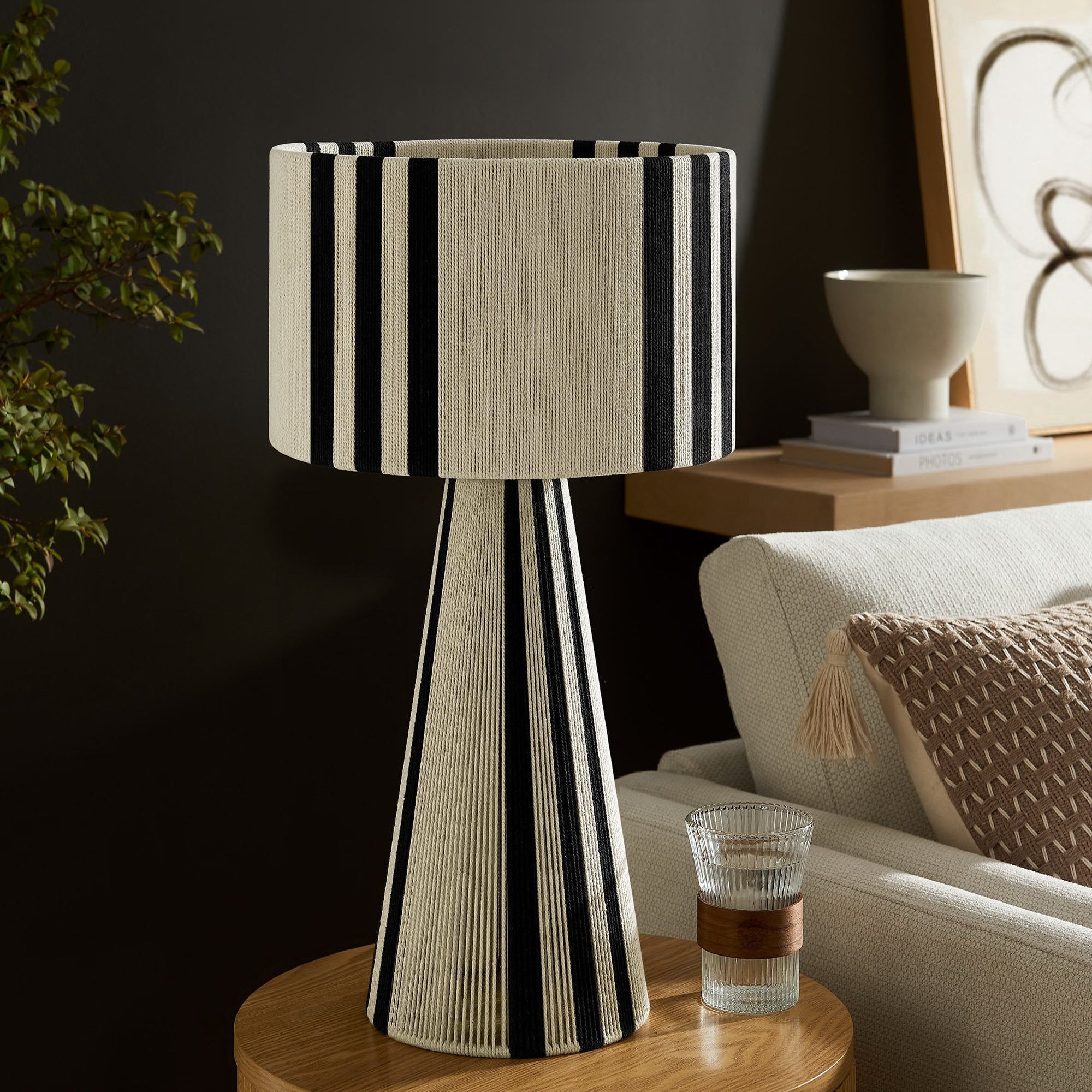 Gia Handwoven Cotton Thread Striped or Plain Table Lamp, Black