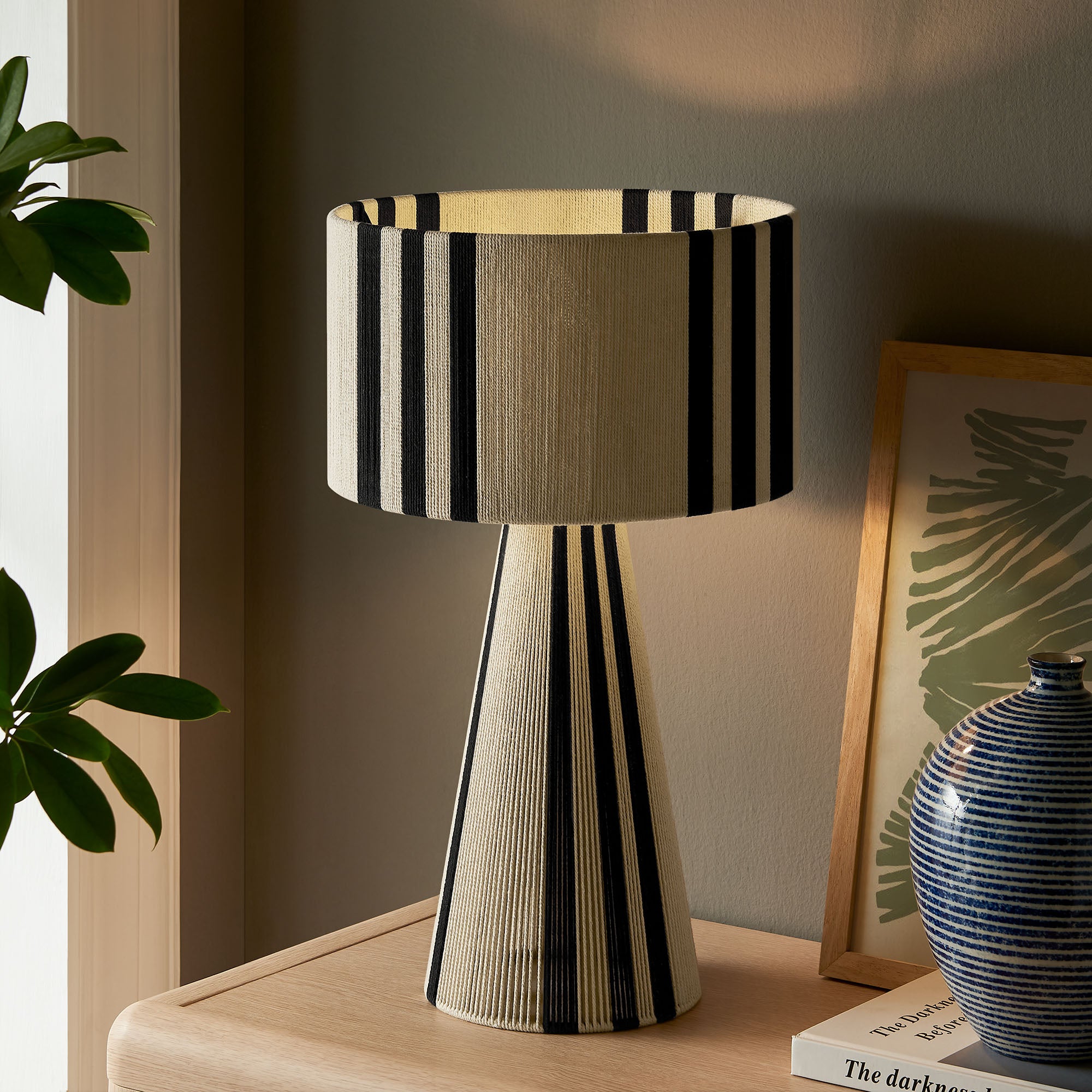Gia Handwoven Cotton Thread Striped or Plain Table Lamp, Black