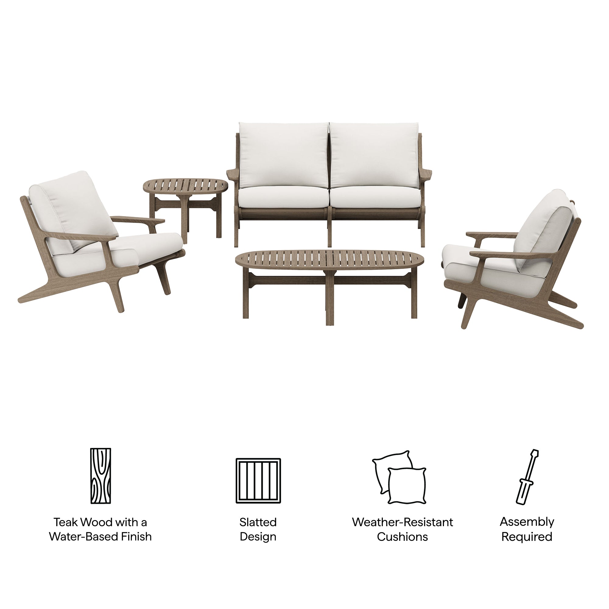 Saratoga 5-Piece Outdoor Patio Teak Wood Furniture Set, Weathered Gray White