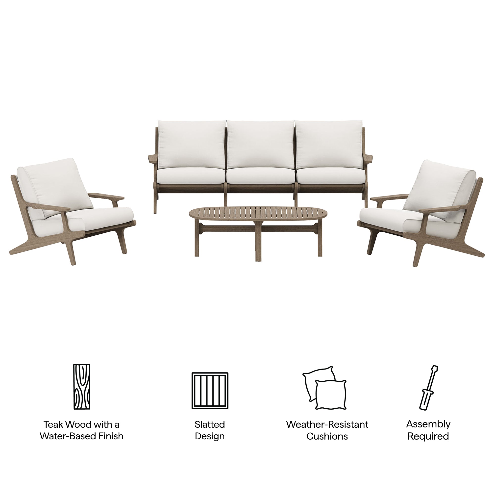Saratoga 4-Piece Outdoor Patio Teak Wood Furniture Set, Weathered Gray White