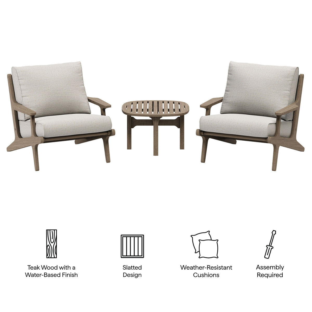 Saratoga 3-Piece Outdoor Patio Teak Wood Furniture Set with Lounge Chairs and Side Table, Pebble