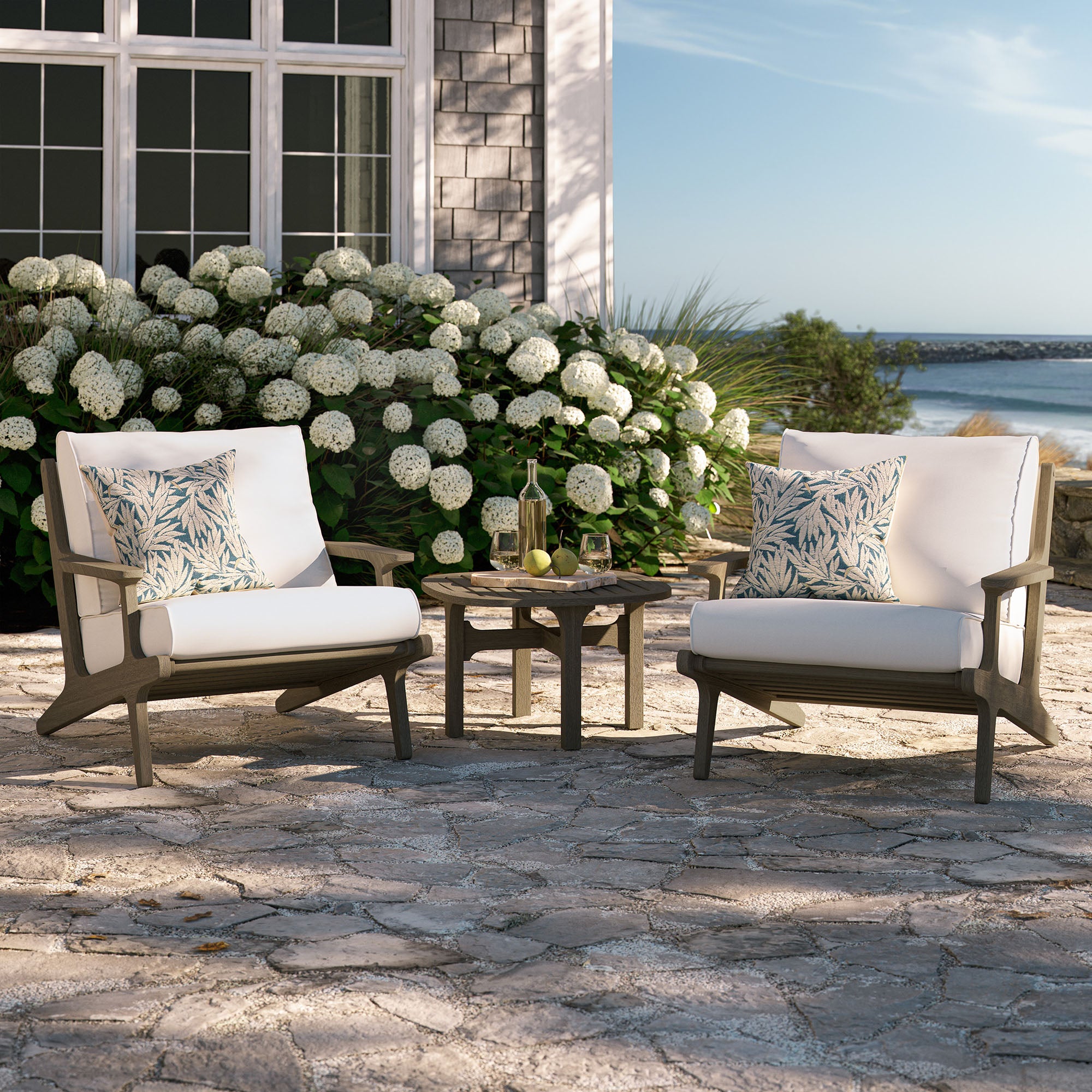 Saratoga 3-Piece Outdoor Patio Teak Wood Furniture Set with Lounge Chairs and Side Table, Weathered Gray White