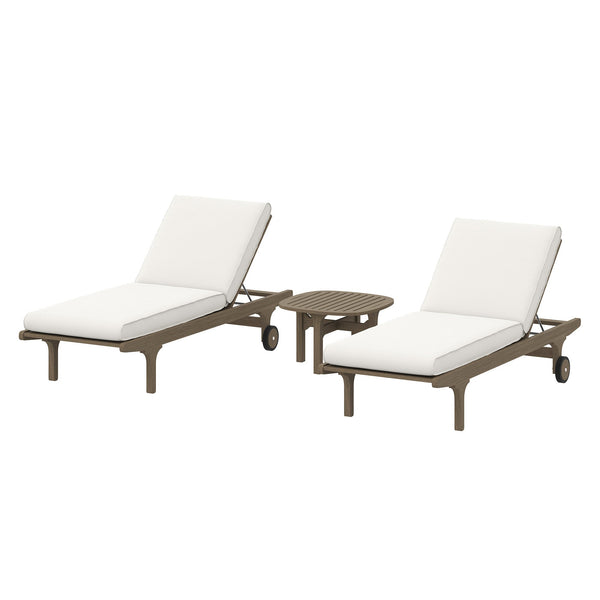 Saratoga Outdoor Patio Teak Wood 3-Piece Chaise Lounge Furniture Set, Weathered Gray