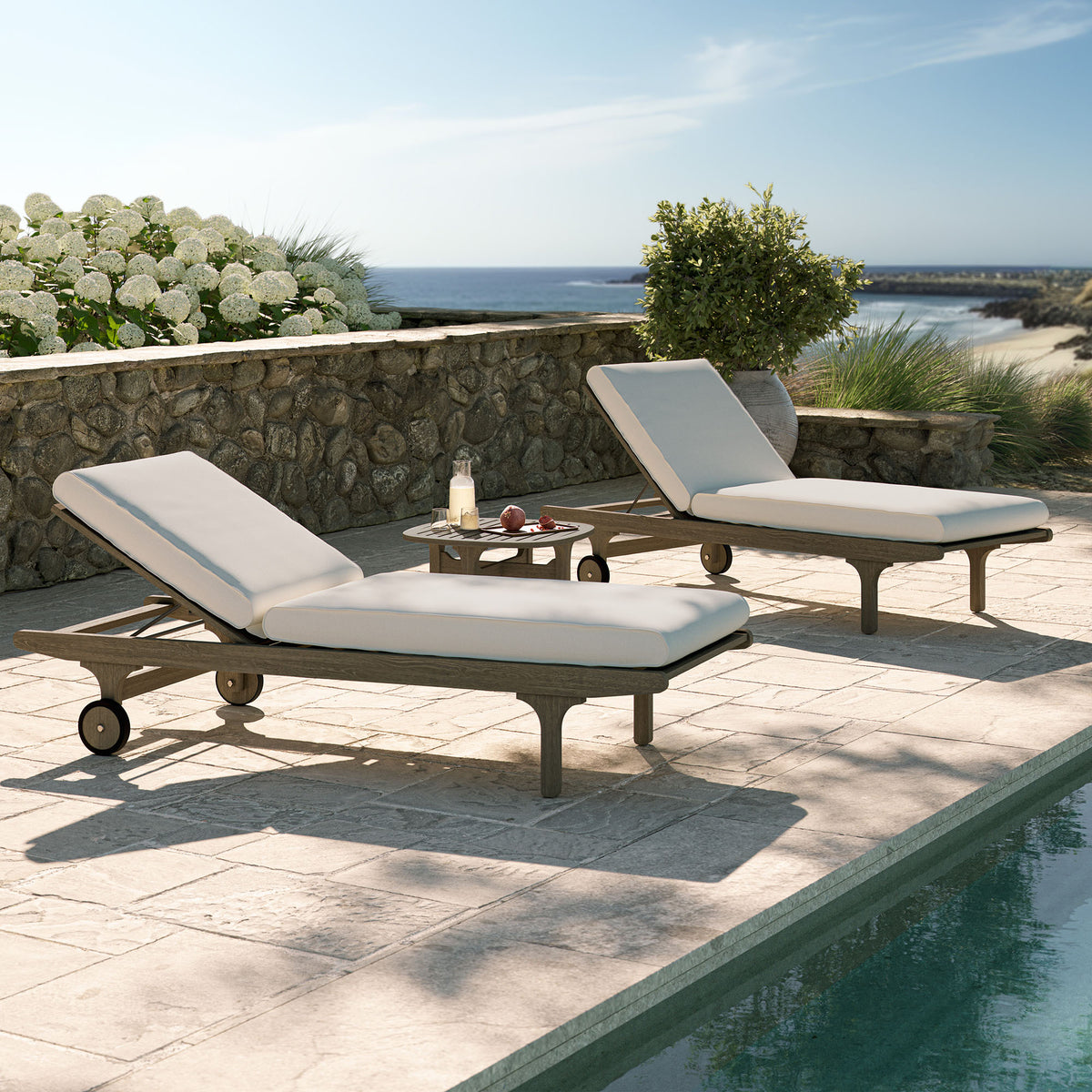 Saratoga Outdoor Patio Teak Wood 3-Piece Chaise Lounge Furniture Set, Weathered Gray