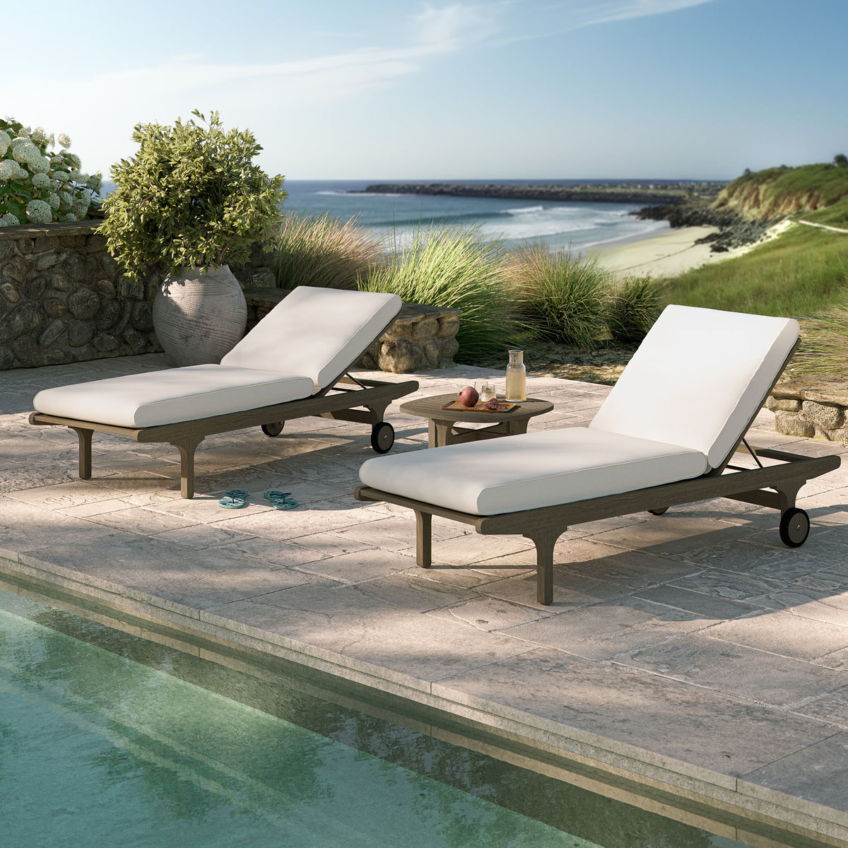 Saratoga Outdoor Patio Teak Wood 3-Piece Chaise Lounge Furniture Set, Weathered Gray