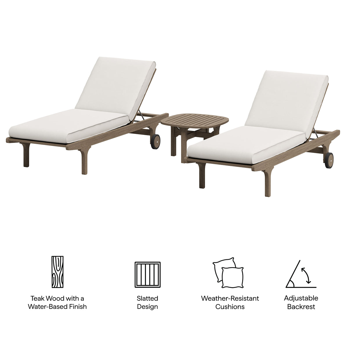 Saratoga Outdoor Patio Teak Wood 3-Piece Chaise Lounge Furniture Set, Weathered Gray