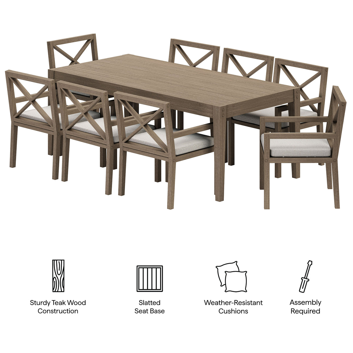 Northlake 9-Piece Outdoor Patio Teak Wood Dining Set, Pebble