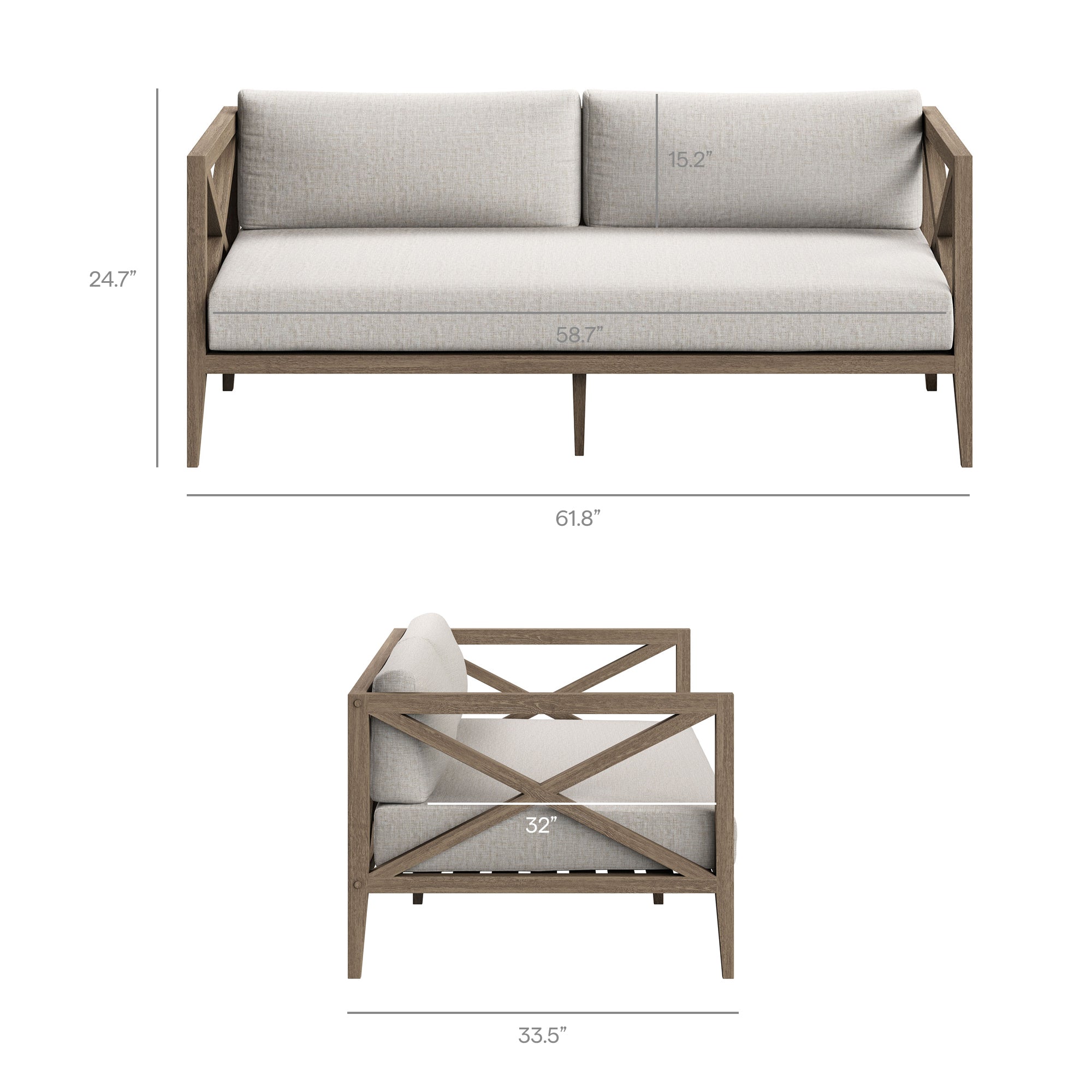 Northlake Outdoor Patio Teak Wood Loveseat and Ottoman Set, Pebble