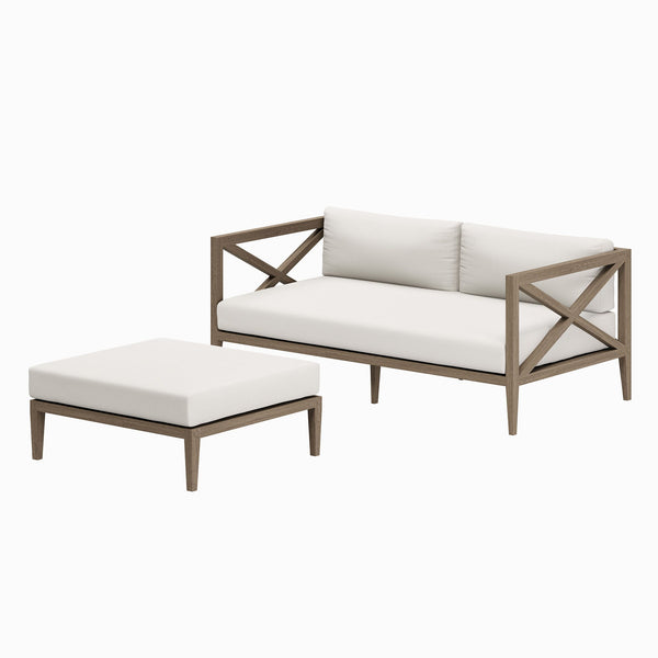 Northlake Outdoor Patio Teak Wood Loveseat and Ottoman Set, Weathered Gray
