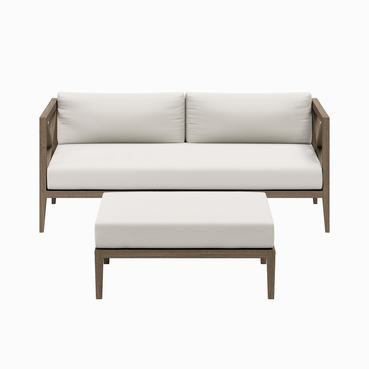 Northlake Outdoor Patio Teak Wood Loveseat and Ottoman Set, Weathered Gray