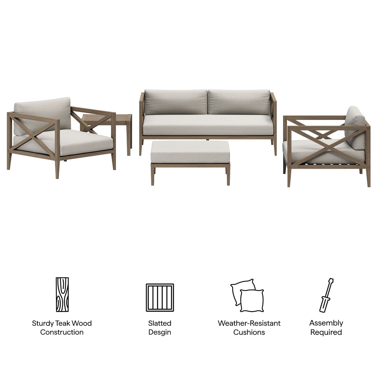 Northlake 5-Piece Outdoor Patio Teak Wood Furniture Set, Pebble