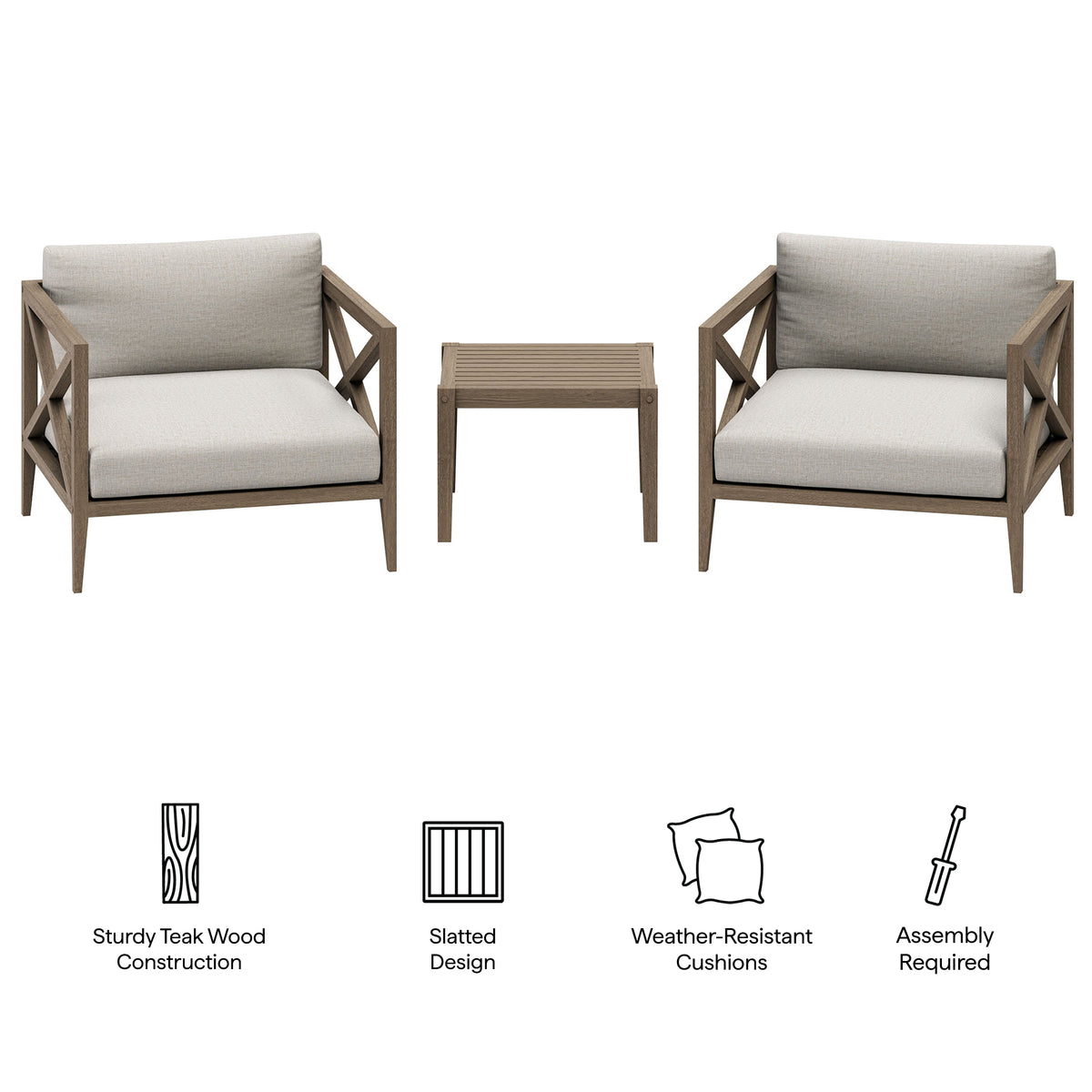 Northlake 3-Piece Outdoor Patio Teak Wood Furniture Set with Armchair and Side Table, Pebble