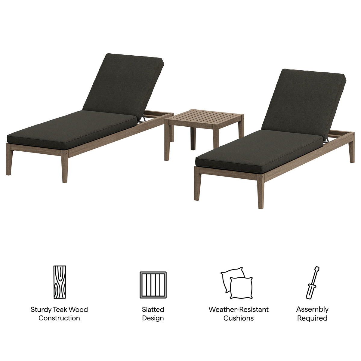 Northlake 3-Piece Outdoor Patio Teak Wood Furniture Set with Chaise Lounges and Side Table, Flint Gray
