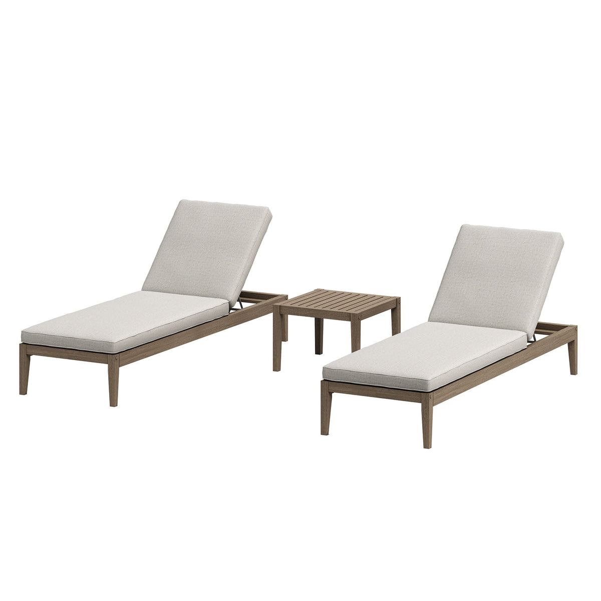Northlake 3-Piece Outdoor Patio Teak Wood Furniture Set with Chaise Lounges and Side Table, Pebble