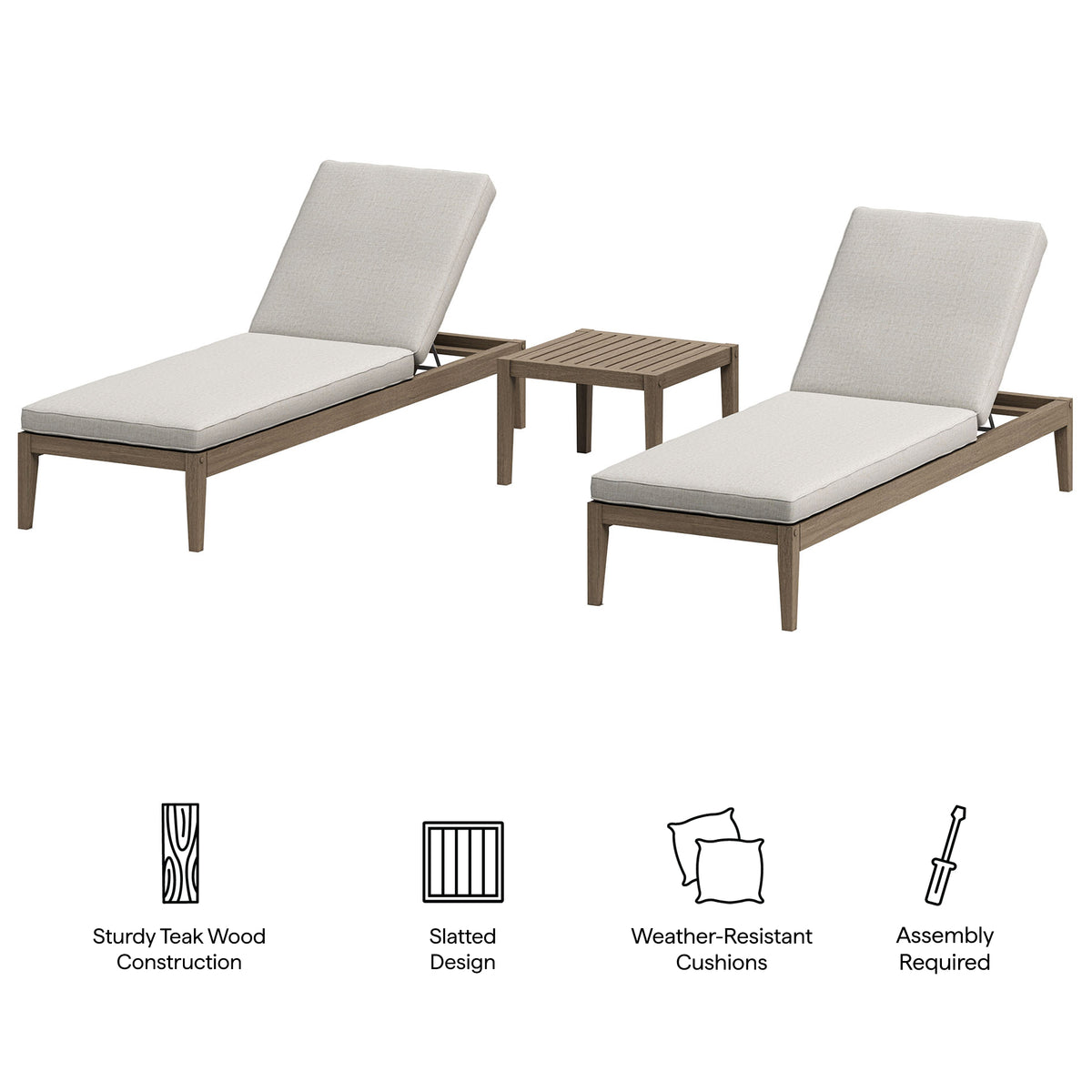 Northlake 3-Piece Outdoor Patio Teak Wood Furniture Set with Chaise Lounges and Side Table, Pebble
