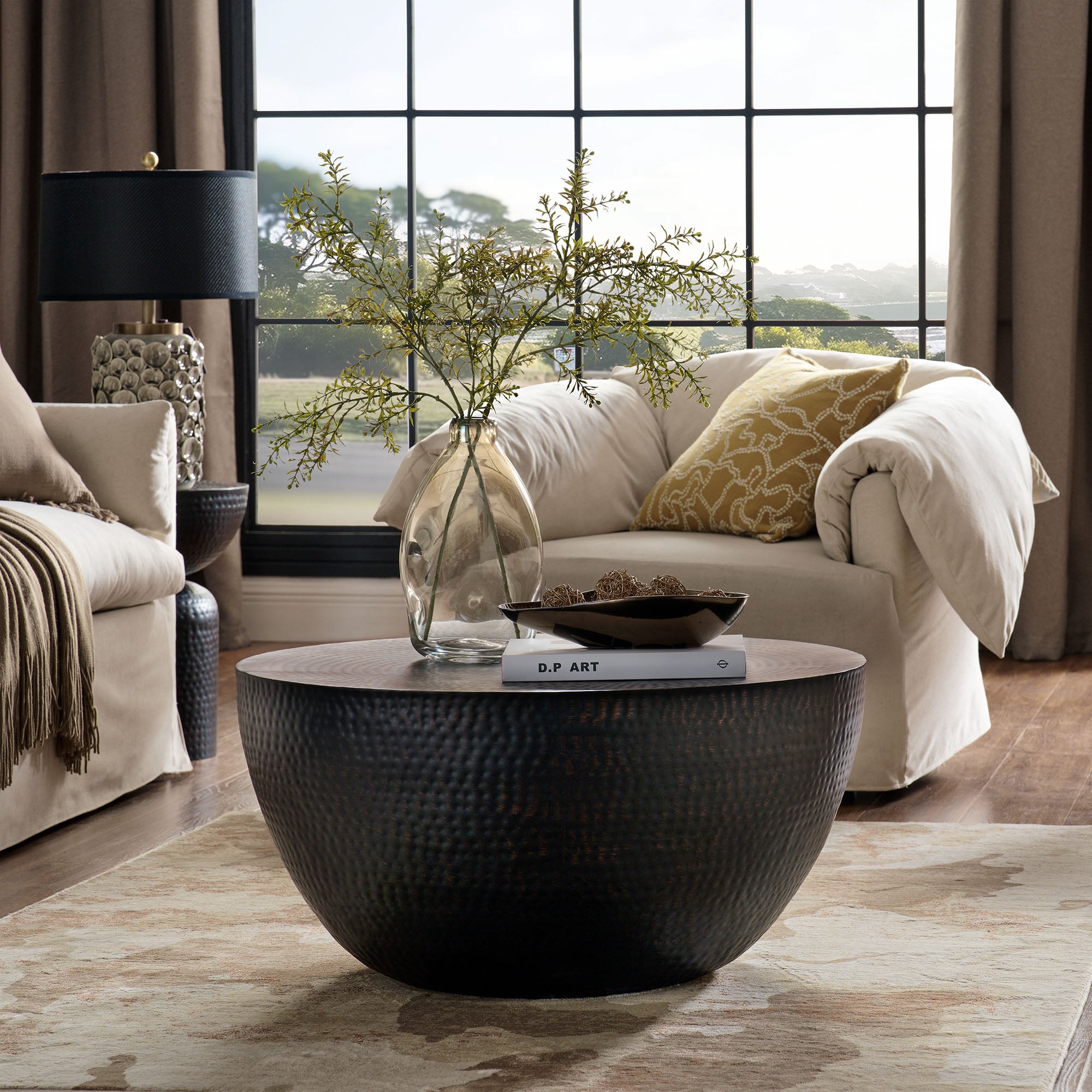 Mella 32 Inch Metal Hammered Coffee Table, Black