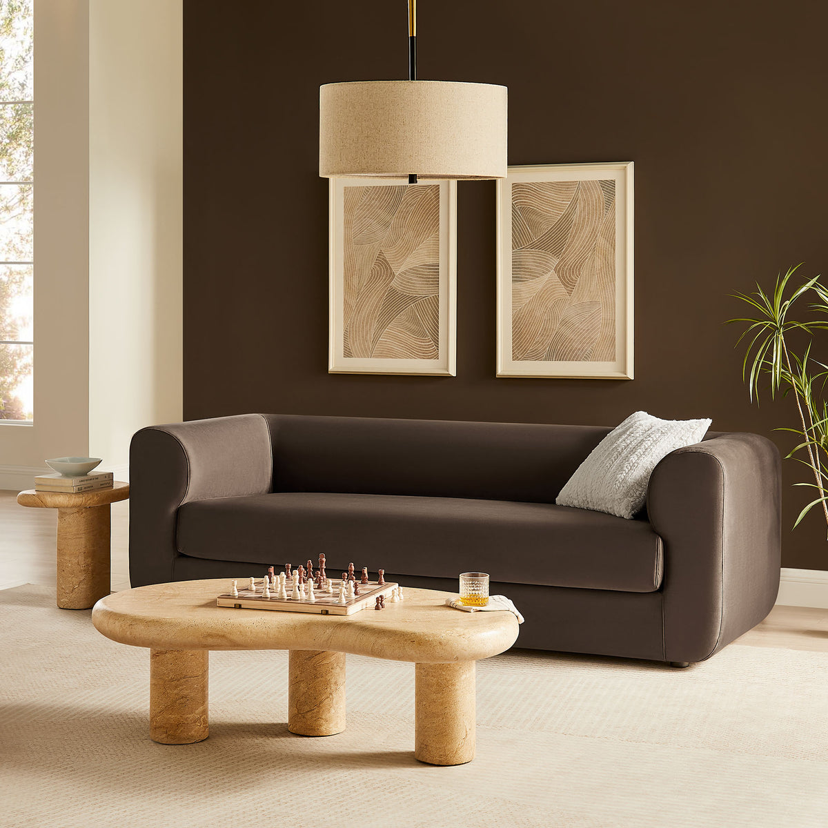Leif 89" Performance Velvet Upholstered Sofa, Chocolate Brown