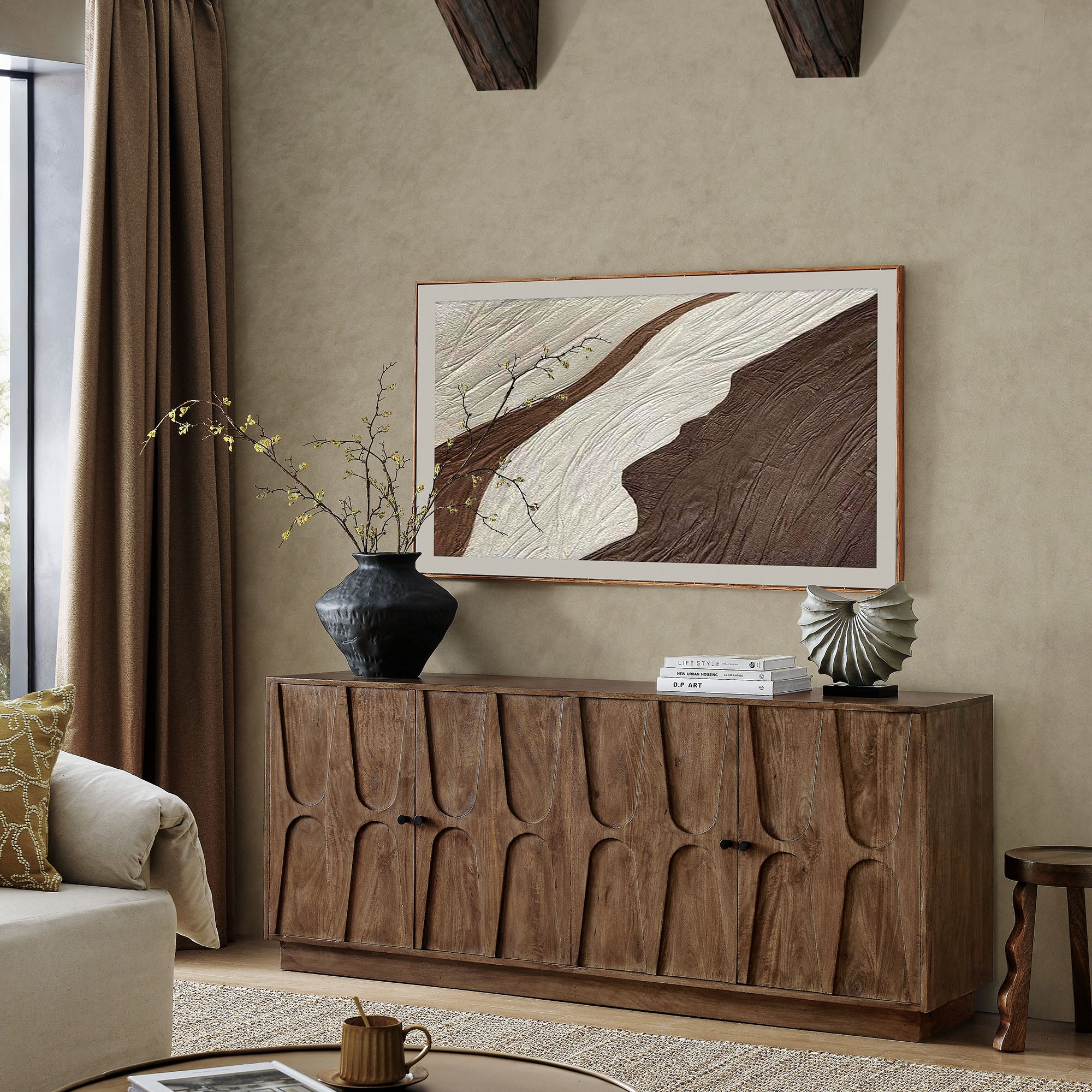 Veda 72" Mango Wood Sideboard Cabinet, Walnut