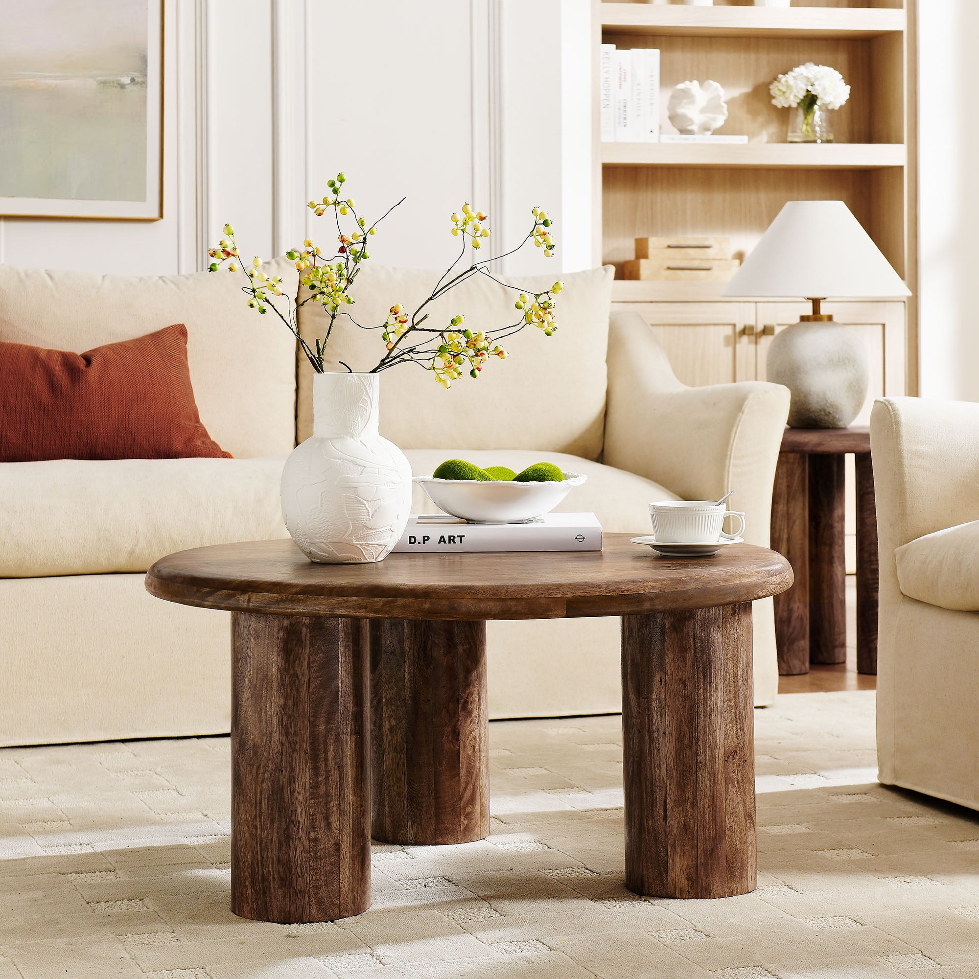 Mavina Round Mango Wood Coffee Table, Walnut