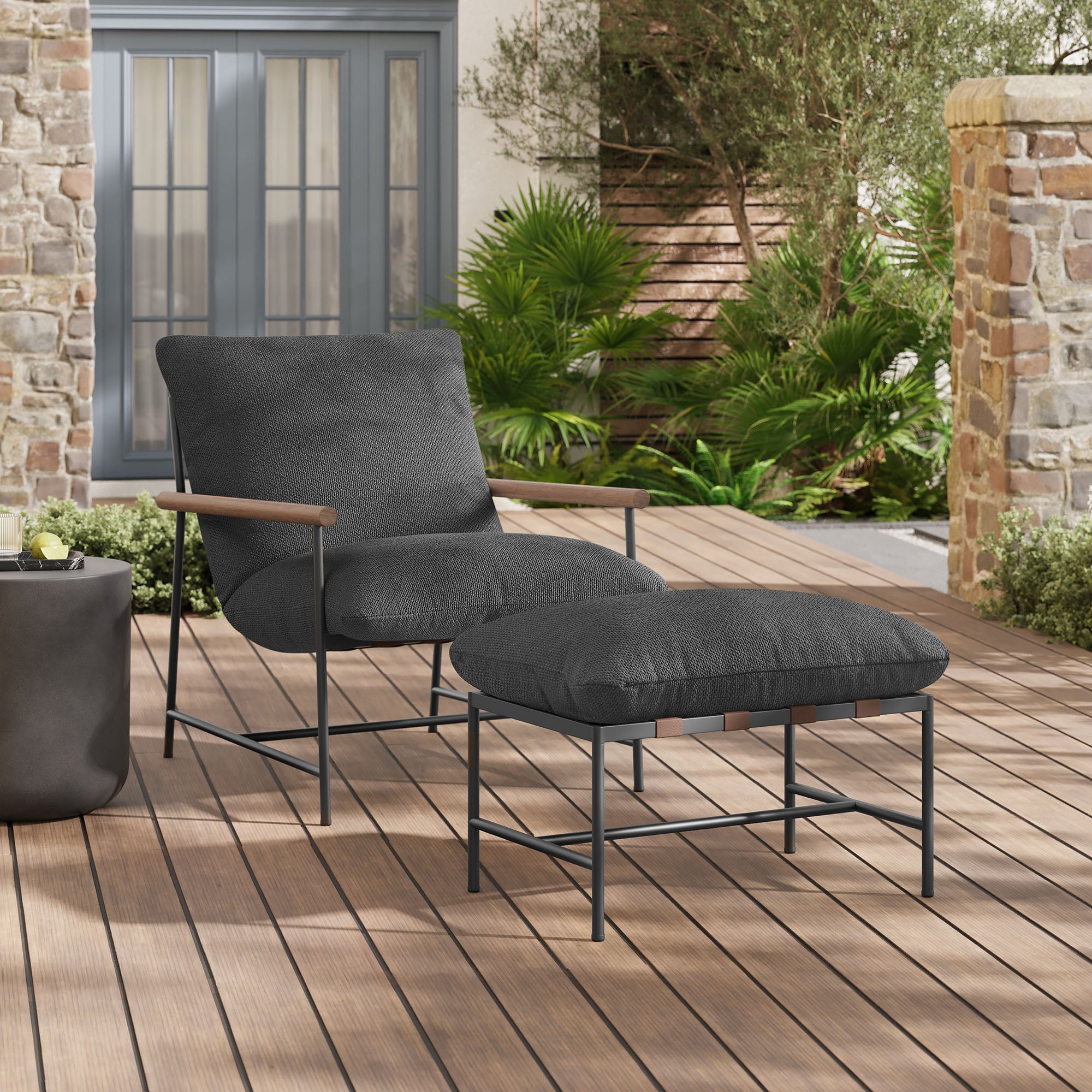 Raya Outdoor Patio Boucle Lounge Chair and Ottoman, Charcoal